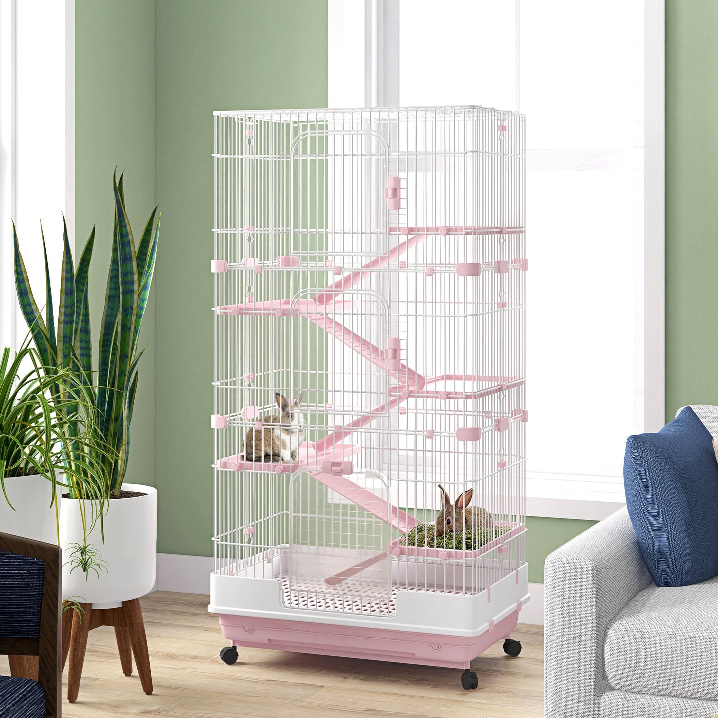 63"H 6-Level Small Animal Cage Rabbit Hutch with Universal Lockable Wheels, Slide-out Tray for Bunny, Chinchillas, Ferret, Pink
