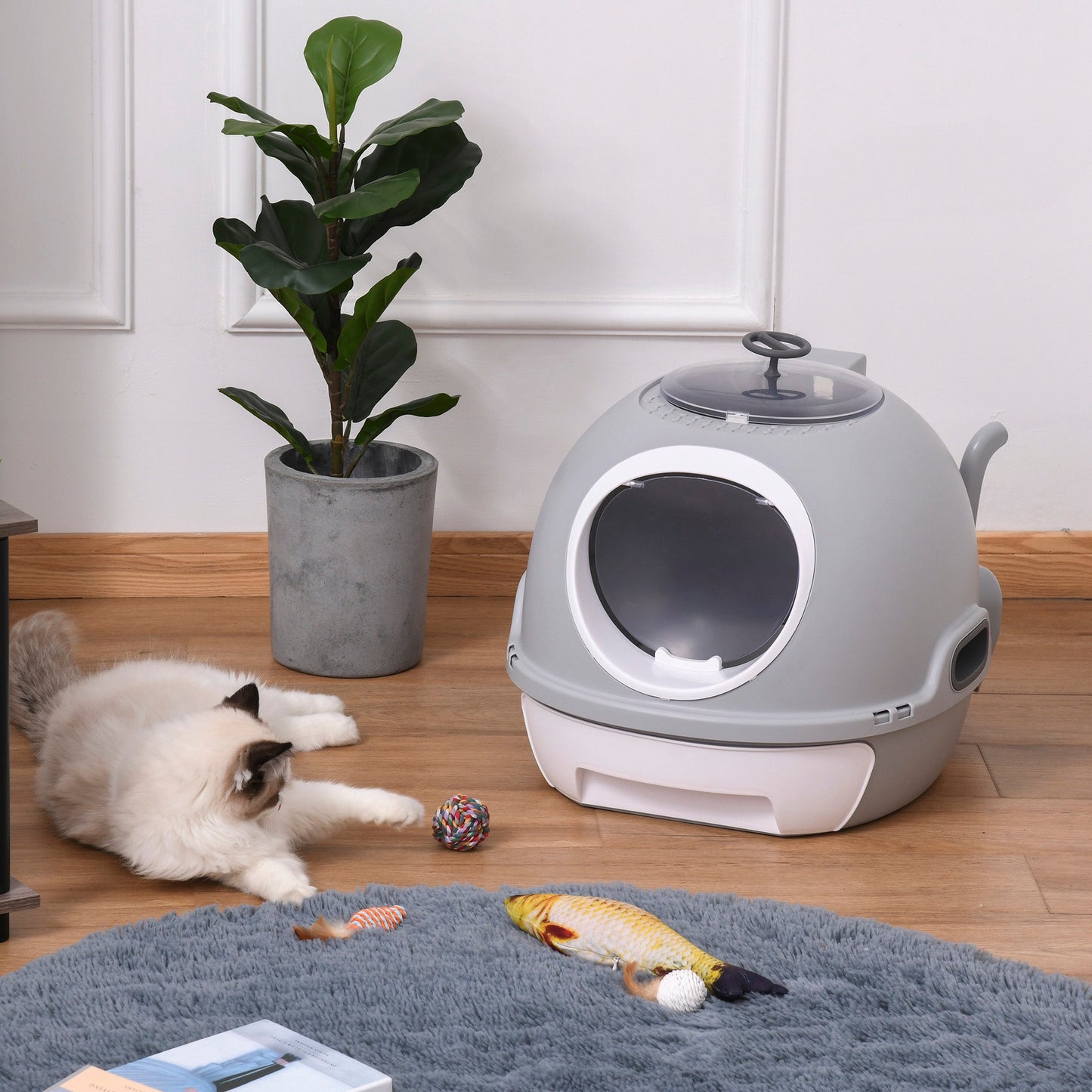 Enclosed Cat Litter Box, Covered Litter Box with Lid and Scoop, Cat Box Enclosure with Pull-out Drawer Type, Front Door and Skylight, Easy to Clean, Grey