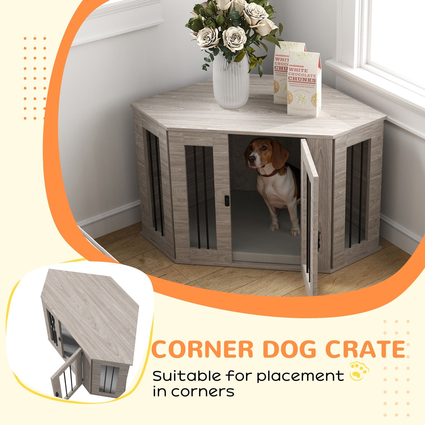 41" Dog Crate Furniture, Corner Dog Crate End Table for Medium and Small Dogs, Indoor Dog Cage with Cushion, Door, Lock, Grey