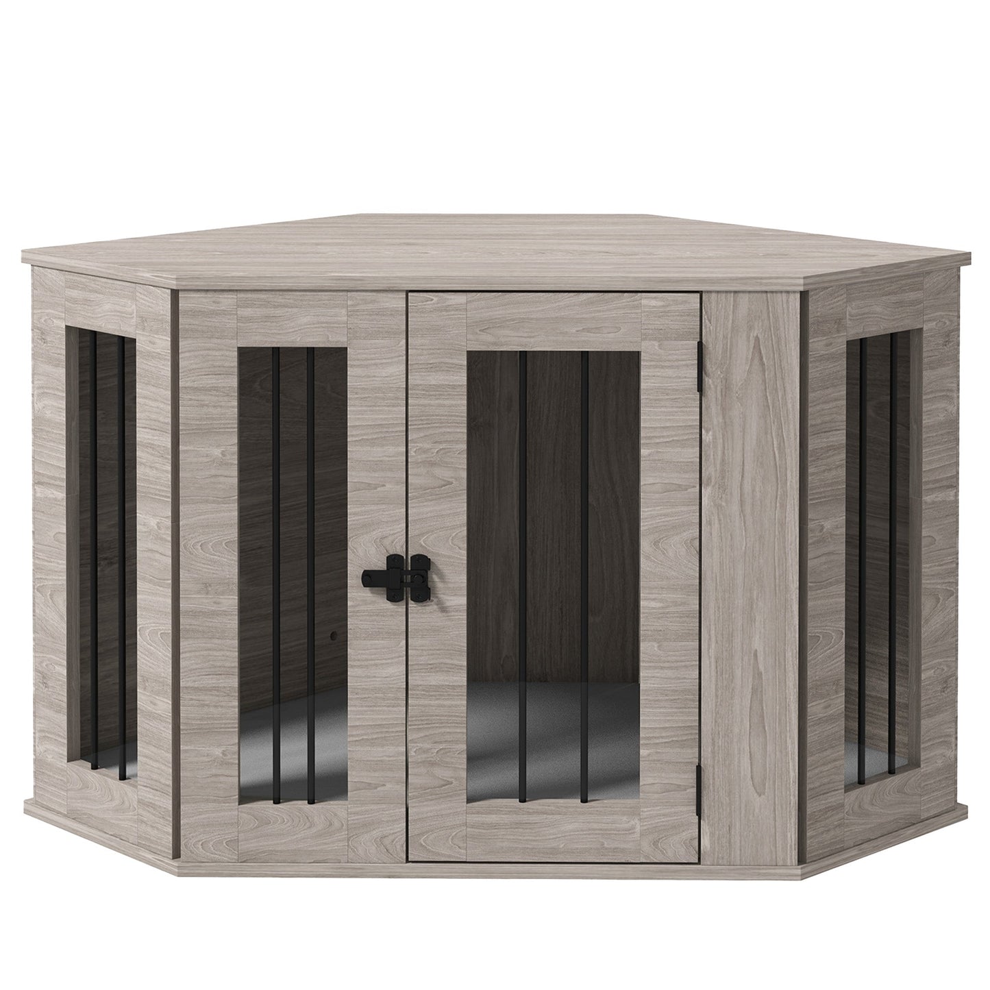 41" Dog Crate Furniture, Corner Dog Crate End Table for Medium and Small Dogs, Indoor Dog Cage with Cushion, Door, Lock, Grey