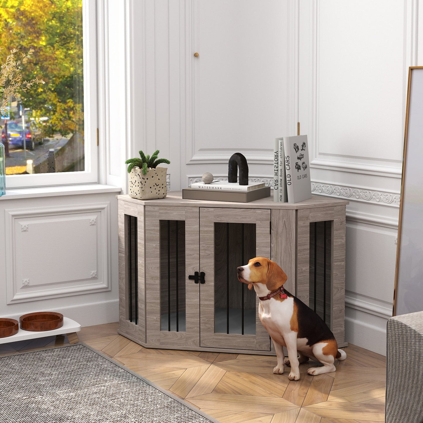 41" Dog Crate Furniture, Corner Dog Crate End Table for Medium and Small Dogs, Indoor Dog Cage with Cushion, Door, Lock, Grey