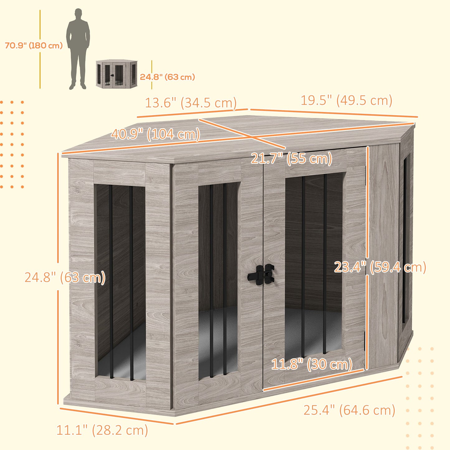 41" Dog Crate Furniture, Corner Dog Crate End Table for Medium and Small Dogs, Indoor Dog Cage with Cushion, Door, Lock, Grey