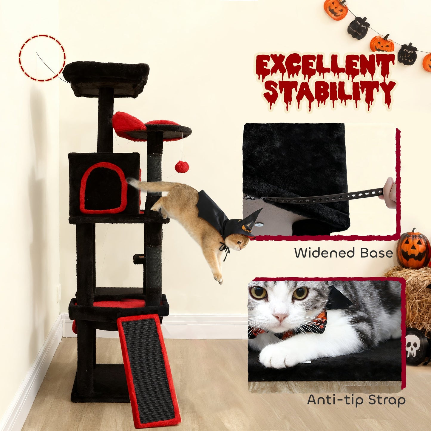 Gothic Cat Tree, 60" Multi-Level Cat Tower for Indoor Kittens Large Adult with Coffin Bed, Sisal Scratching Posts & Ramp, Condo, Hammock, Perches, Dangling Toys, Black