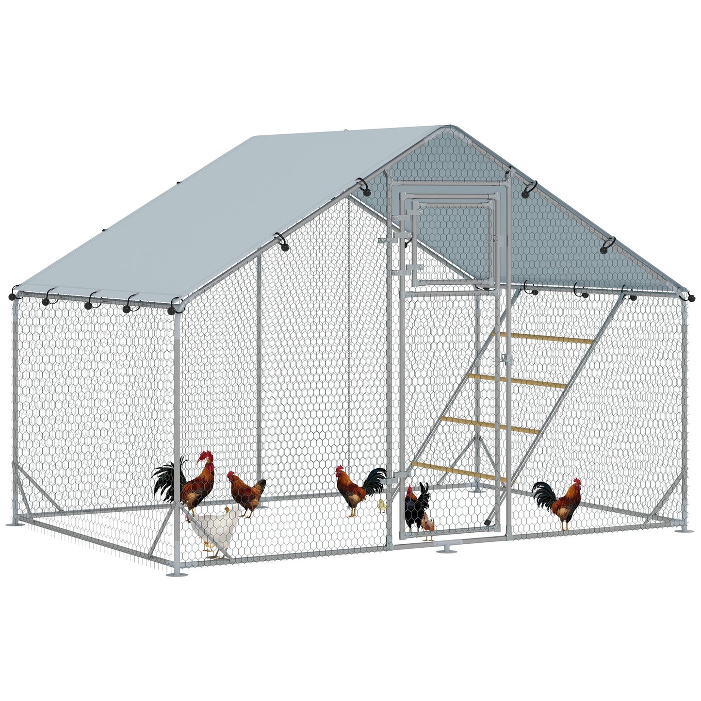 Chicken Run, Large Metal Chicken Coop with Feeding Door, Waterproof & UV-Resistant Cover, Hanging Feeder, Perch, Poultry Cage for Outdoor, Backyard, Farm, for 6-8 Chickens