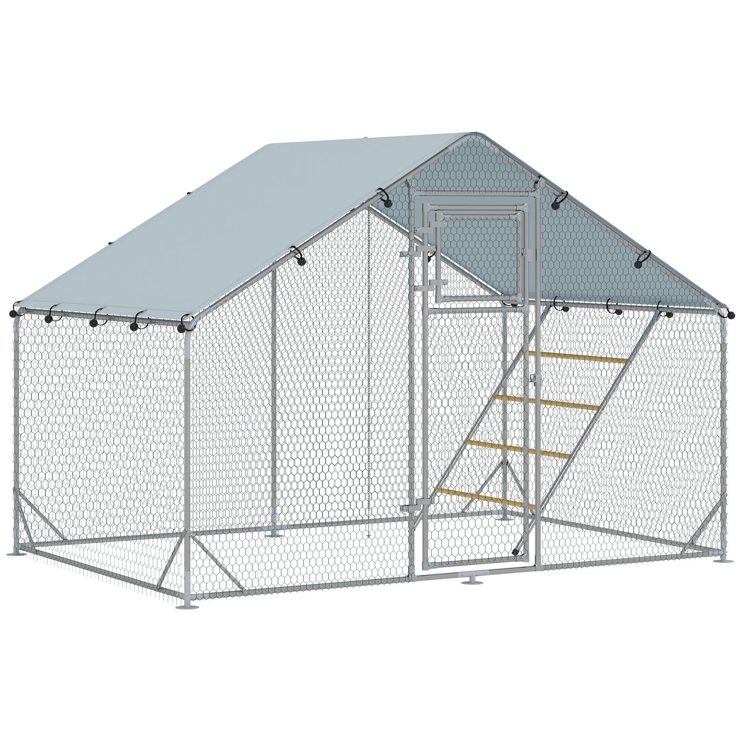 Chicken Run, Large Metal Chicken Coop with Feeding Door, Waterproof & UV-Resistant Cover, Hanging Feeder, Perch, Poultry Cage for Outdoor, Backyard, Farm, for 6-8 Chickens