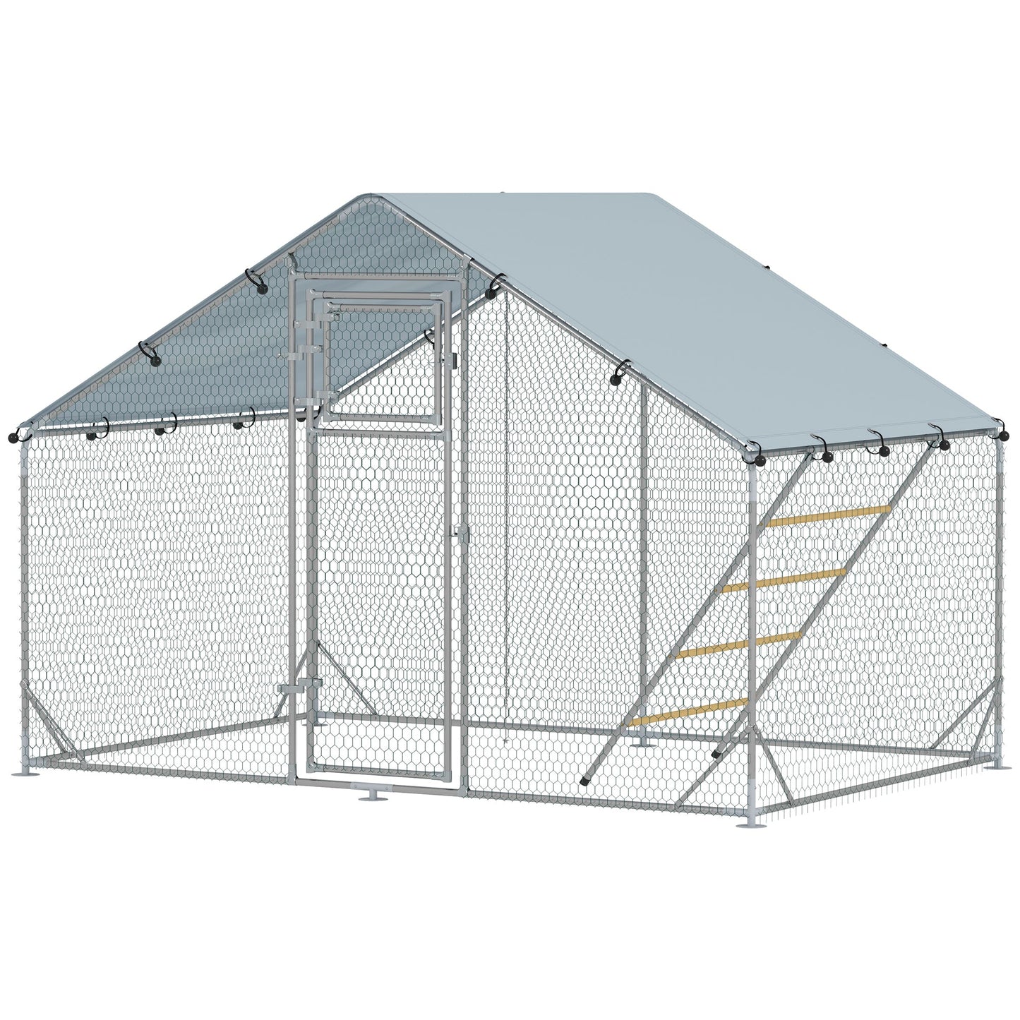 Chicken Run, Large Metal Chicken Coop with Feeding Door, Waterproof & UV-Resistant Cover, Hanging Feeder, Perch, Poultry Cage for Outdoor, Backyard, Farm, for 6-8 Chickens