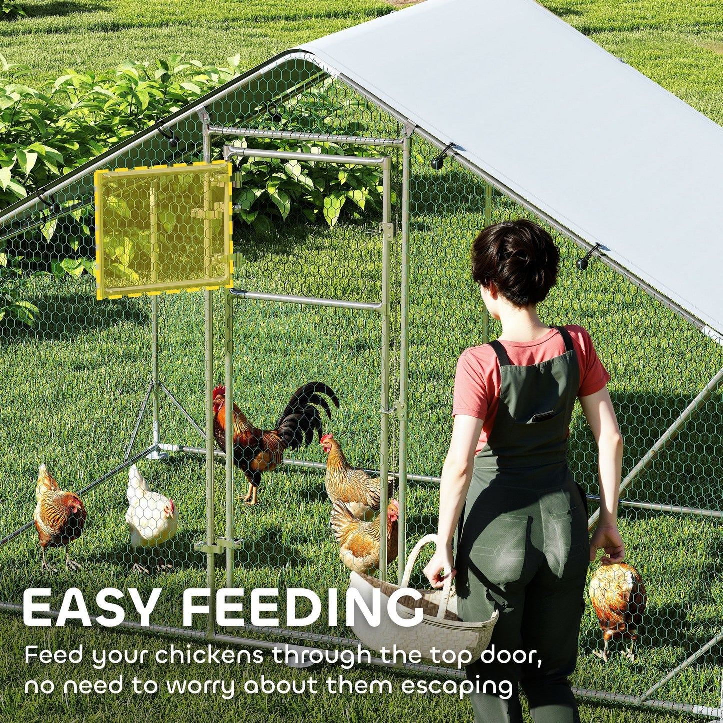 Chicken Run, Large Metal Chicken Coop with Feeding Door, Waterproof & UV-Resistant Cover, Hanging Feeder, Perch, Poultry Cage for Outdoor, Backyard, Farm, for 6-8 Chickens