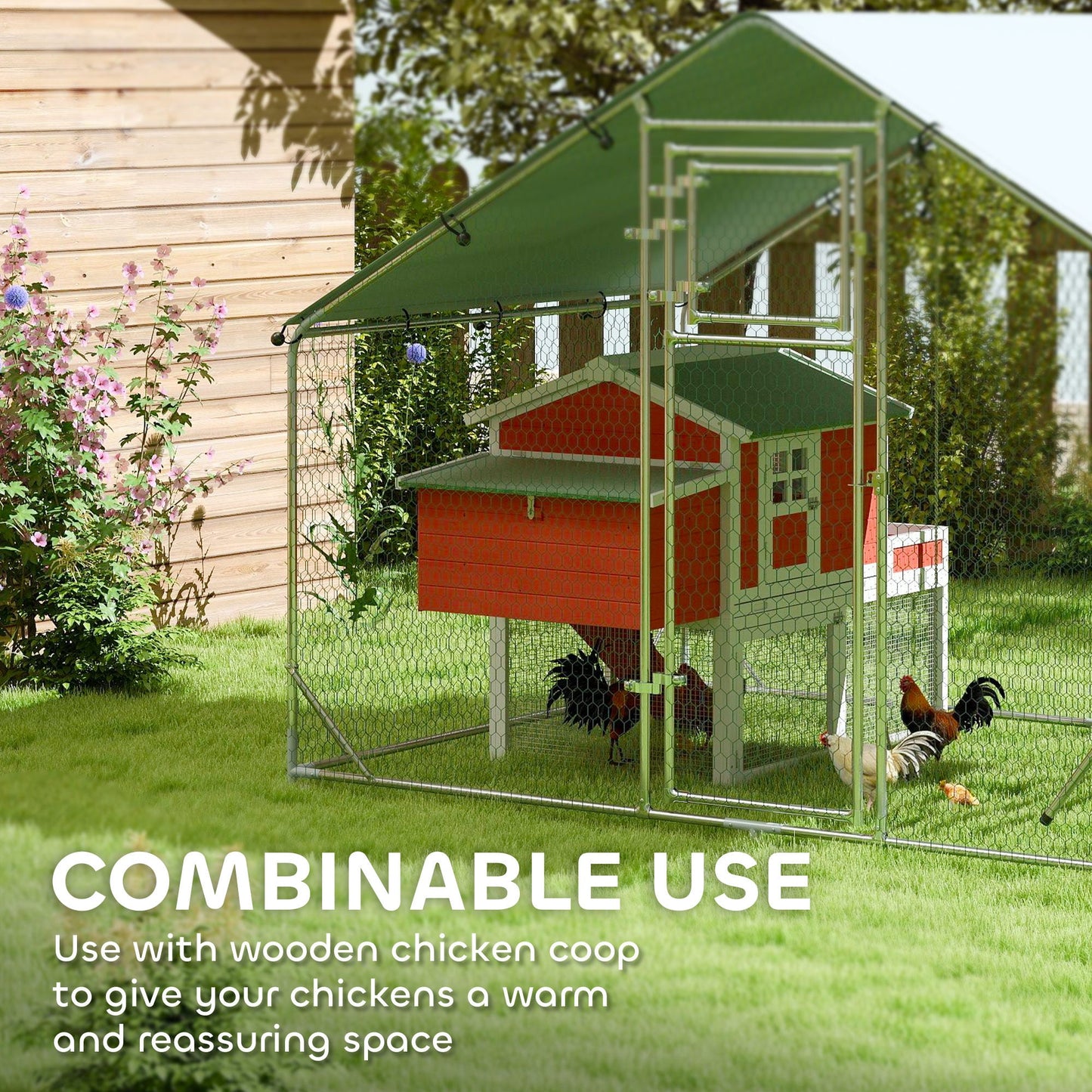 Chicken Run, Large Metal Chicken Coop with Feeding Door, Waterproof & UV-Resistant Cover, Hanging Feeder, Perch, Poultry Cage for Outdoor, Backyard, Farm, for 6-8 Chickens