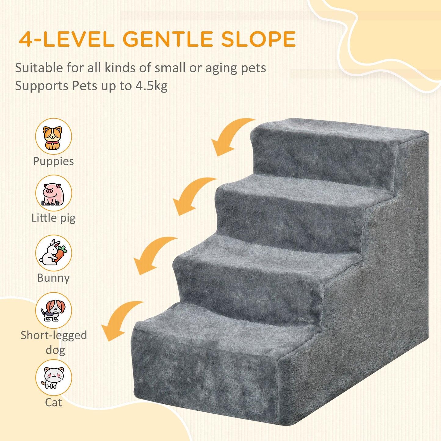Pet Steps Ladder for Cats and Dogs, Pet Stairs, Ladder for Climbing on Bed, Sofa with Removable Cover, Light Grey