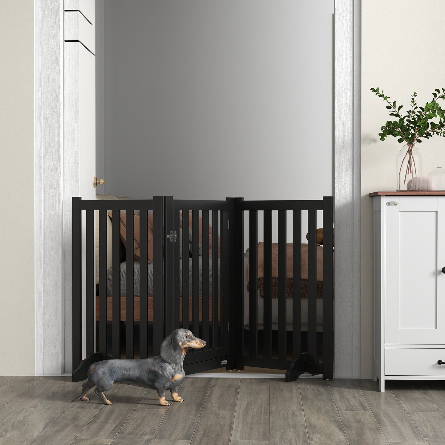 31.5"H Foldable Dog Gate with Door, 3 Panels Freestanding Pet Gate Barriers Indoor with Support Feet, Puppy Fence for Small Medium Dogs, Black