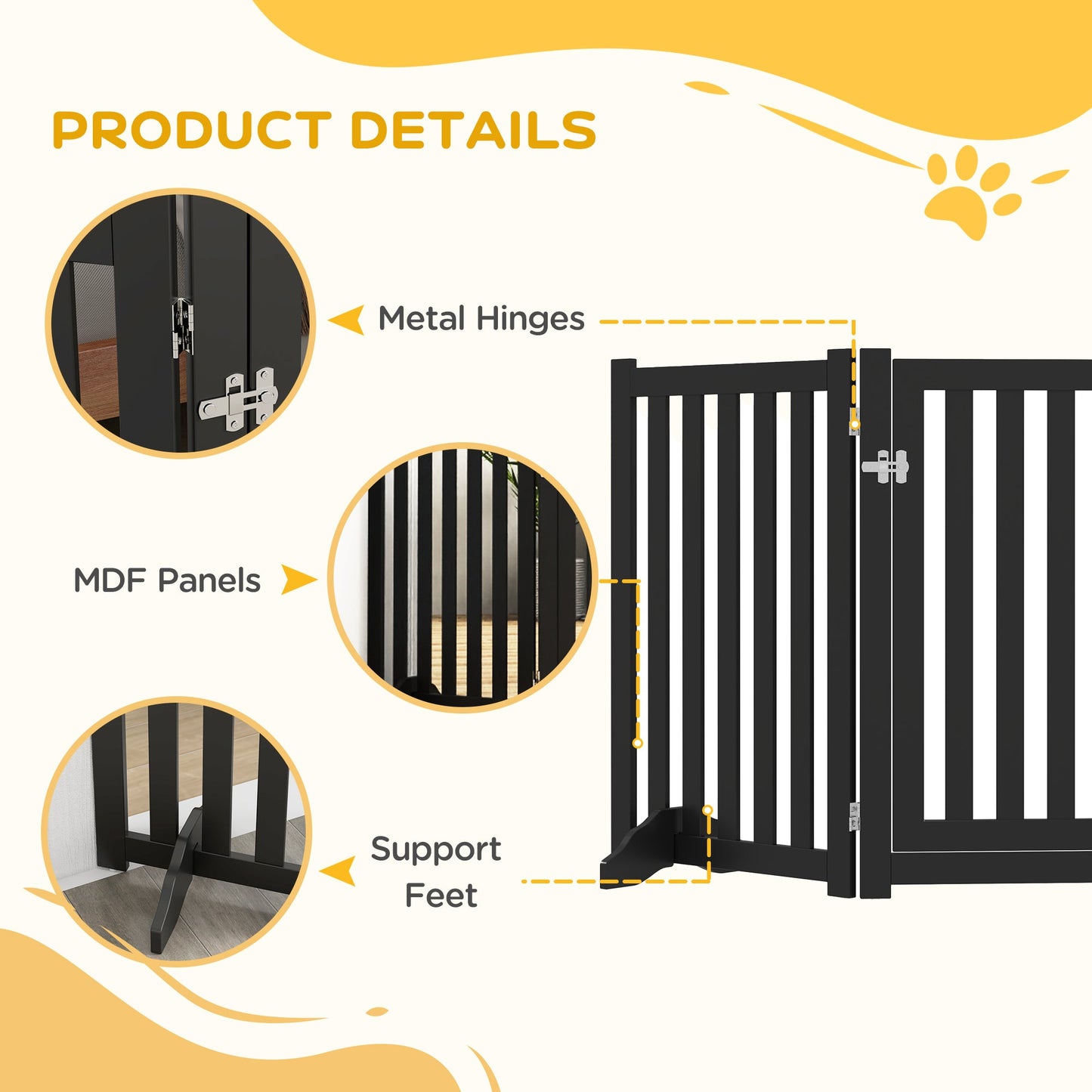 31.5"H Foldable Dog Gate with Door, 3 Panels Freestanding Pet Gate Barriers Indoor with Support Feet, Puppy Fence for Small Medium Dogs, Black