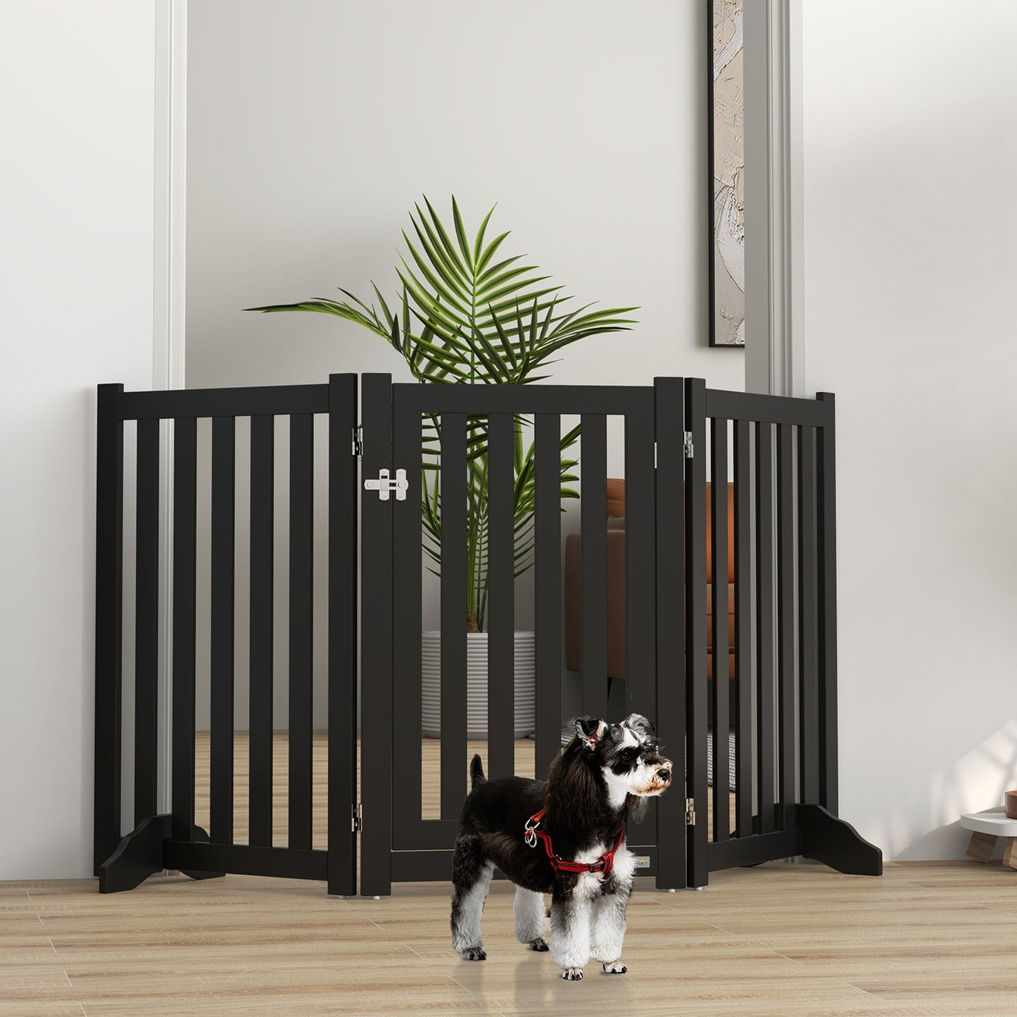 31.5"H Foldable Dog Gate with Door, 3 Panels Freestanding Pet Gate Barriers Indoor with Support Feet, Puppy Fence for Small Medium Dogs, Black