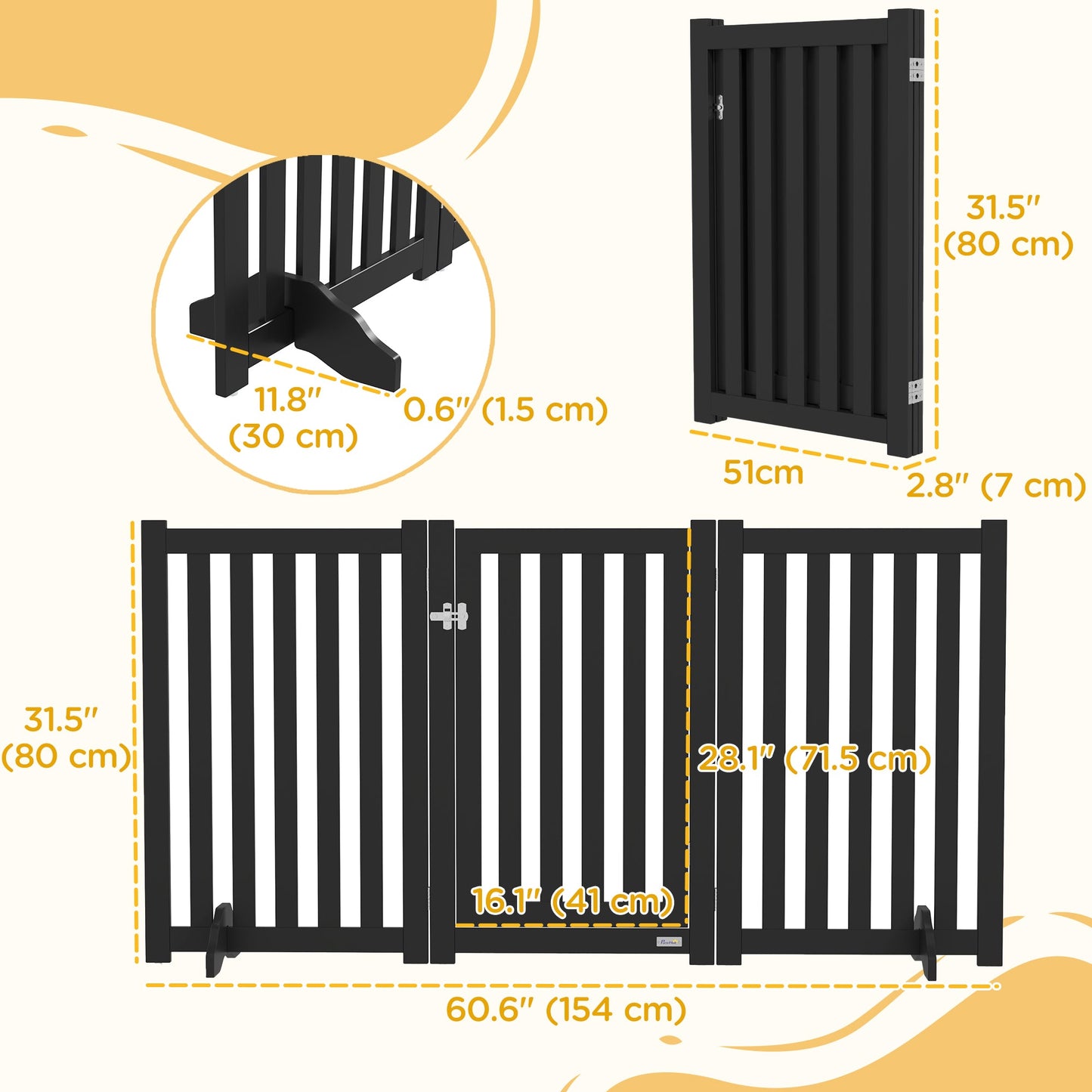 31.5"H Foldable Dog Gate with Door, 3 Panels Freestanding Pet Gate Barriers Indoor with Support Feet, Puppy Fence for Small Medium Dogs, Black