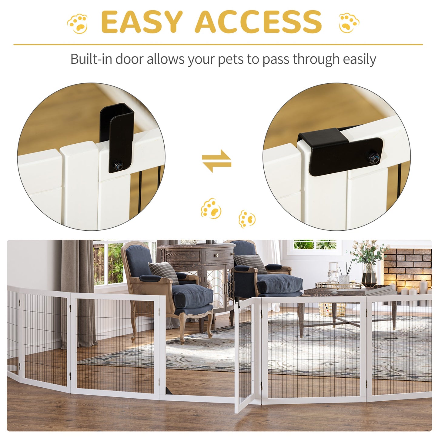 Wooden Pet Gate, Dog Safety Barrier, Freestanding Foldable Fence, w/ 6 Panels, 2 Support Feet, for House Doorway Stairs, Small & Medium Dogs, White