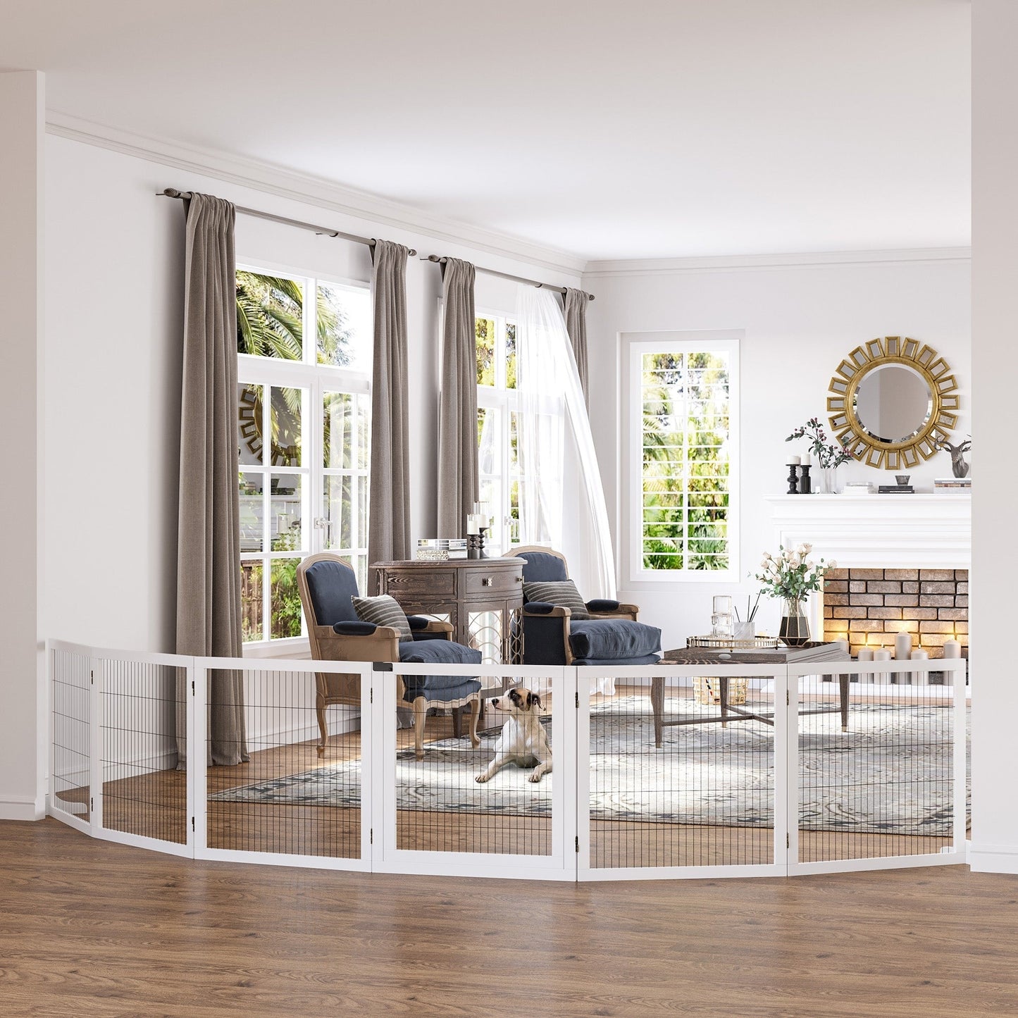 Wooden Pet Gate, Dog Safety Barrier, Freestanding Foldable Fence, w/ 6 Panels, 2 Support Feet, for House Doorway Stairs, Small & Medium Dogs, White
