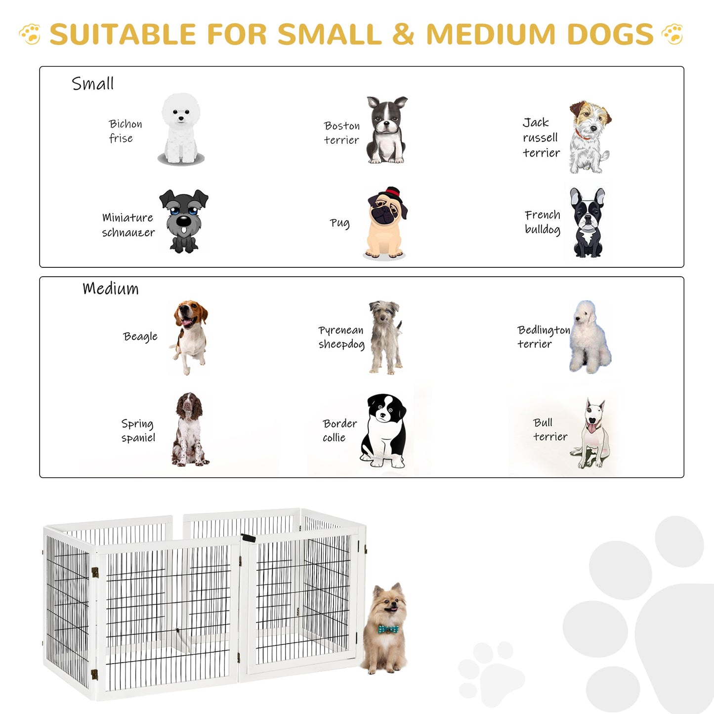 Wooden Pet Gate, Dog Safety Barrier, Freestanding Foldable Fence, w/ 6 Panels, 2 Support Feet, for House Doorway Stairs, Small & Medium Dogs, White