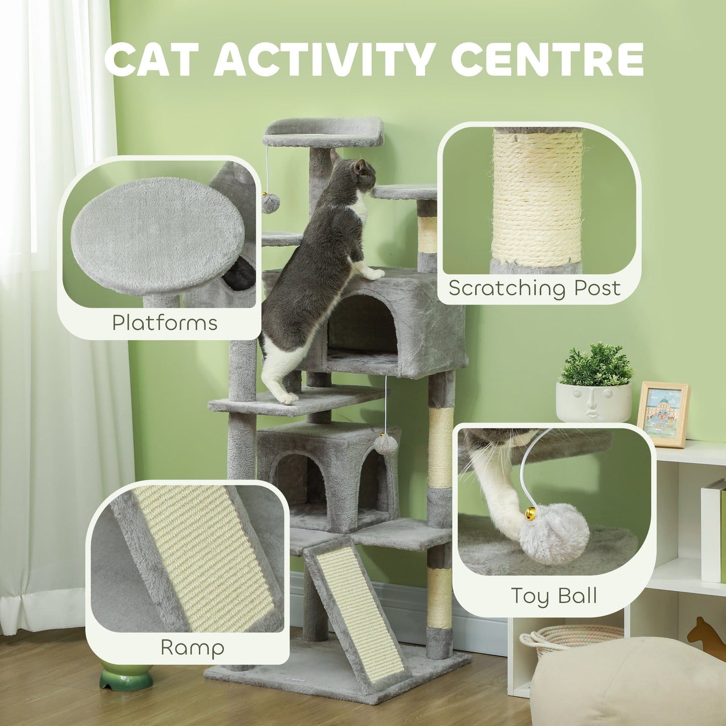 54" Cat Tree, Cat Tower for Indoor Cats with Scratching Posts, Cat Condos, Bed, Platforms, Ramp, Toy Ball, Cat Activity Center, Light Grey
