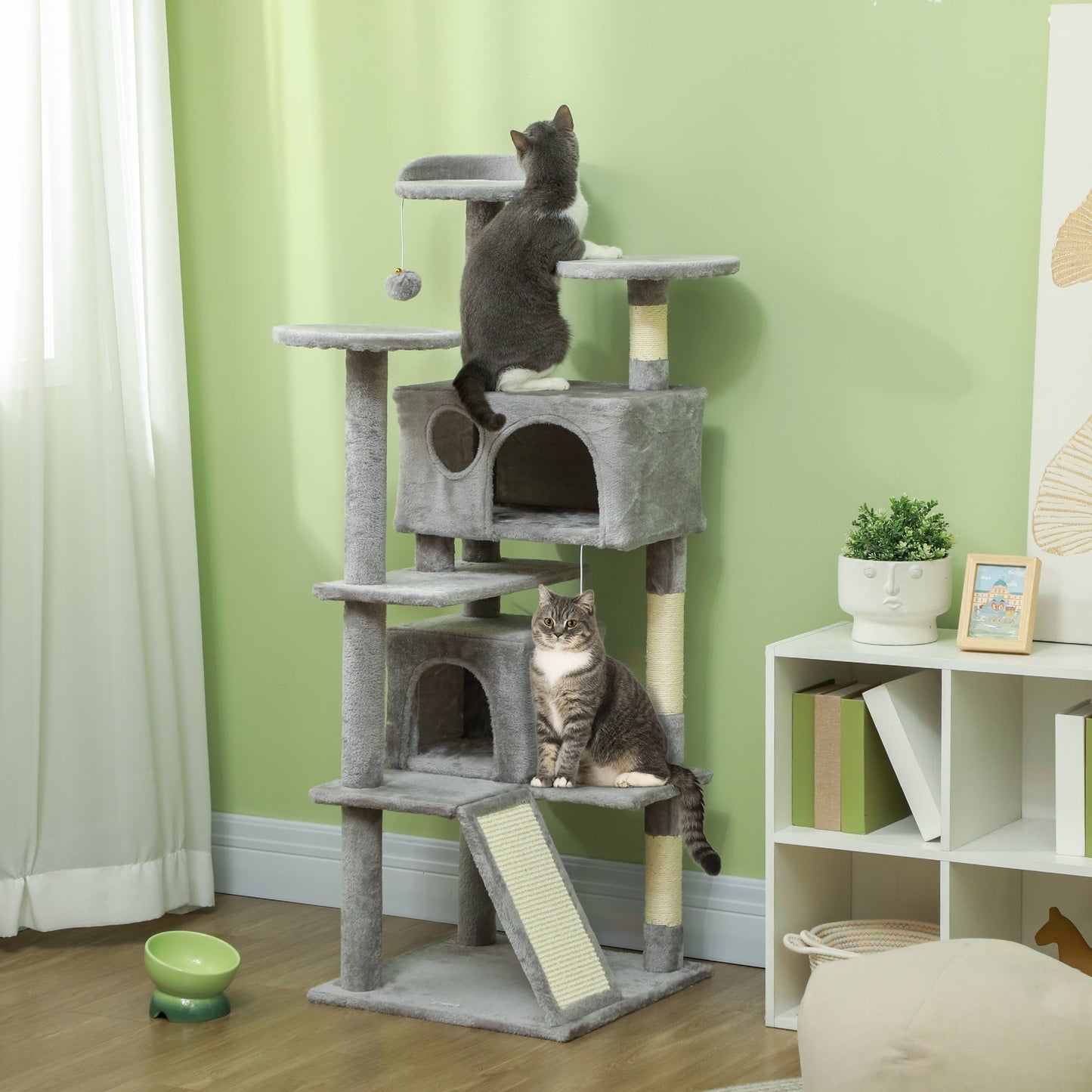 54" Cat Tree, Cat Tower for Indoor Cats with Scratching Posts, Cat Condos, Bed, Platforms, Ramp, Toy Ball, Cat Activity Center, Light Grey