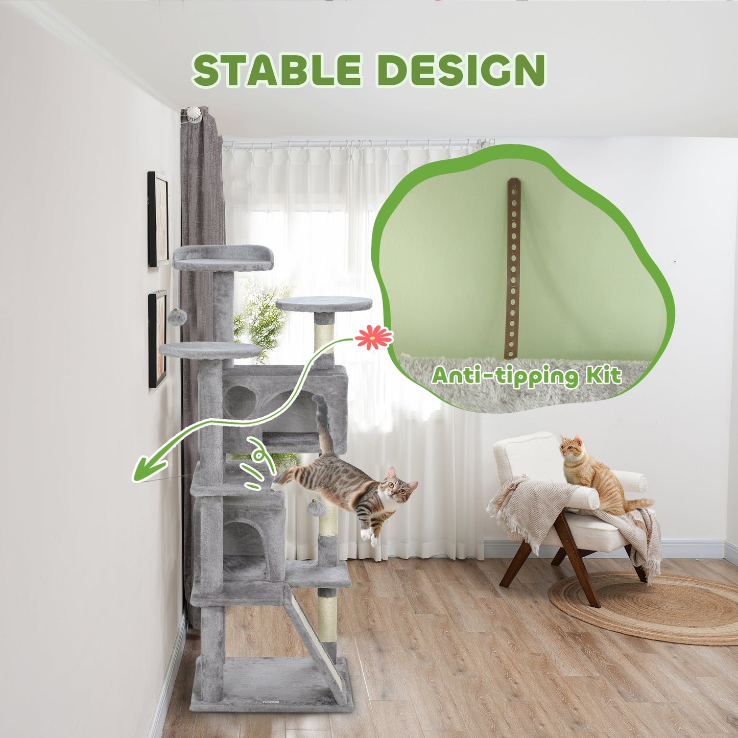 54" Cat Tree, Cat Tower for Indoor Cats with Scratching Posts, Cat Condos, Bed, Platforms, Ramp, Toy Ball, Cat Activity Center, Light Grey