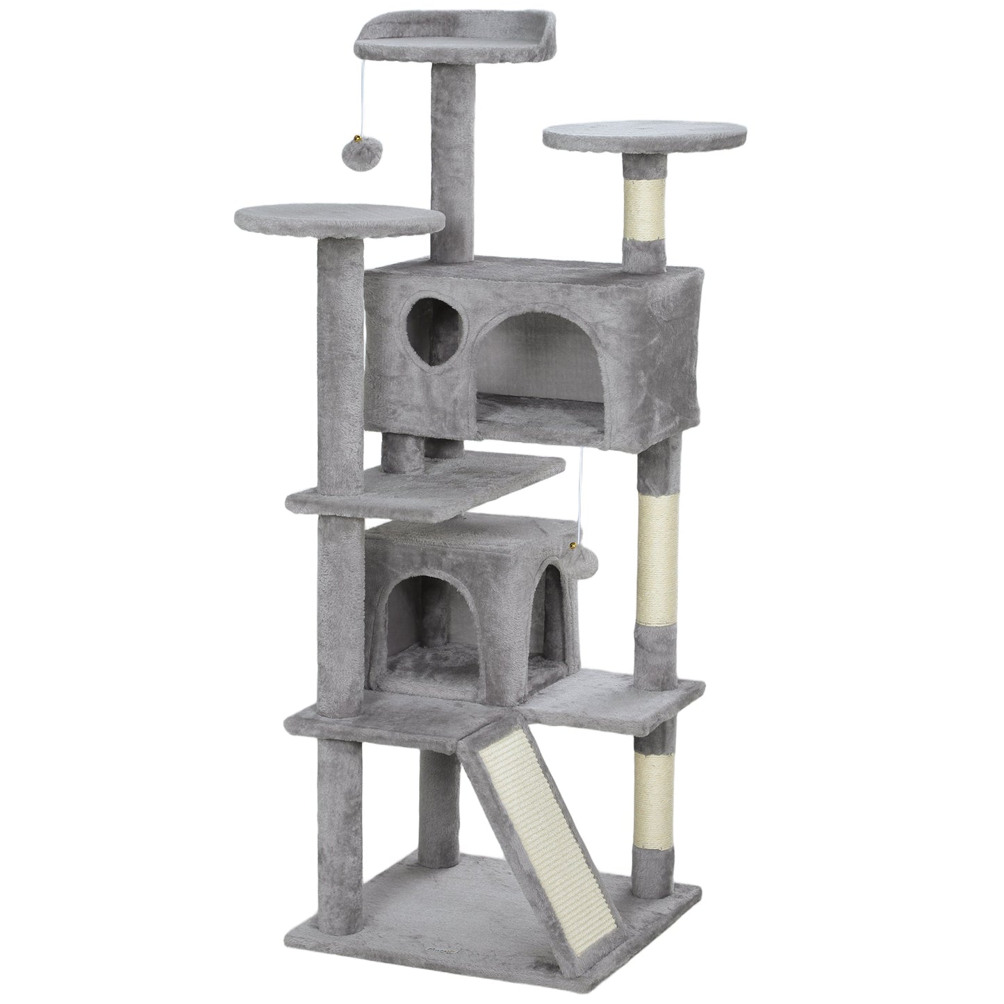 54" Cat Tree, Cat Tower for Indoor Cats with Scratching Posts, Cat Condos, Bed, Platforms, Ramp, Toy Ball, Cat Activity Center, Light Grey