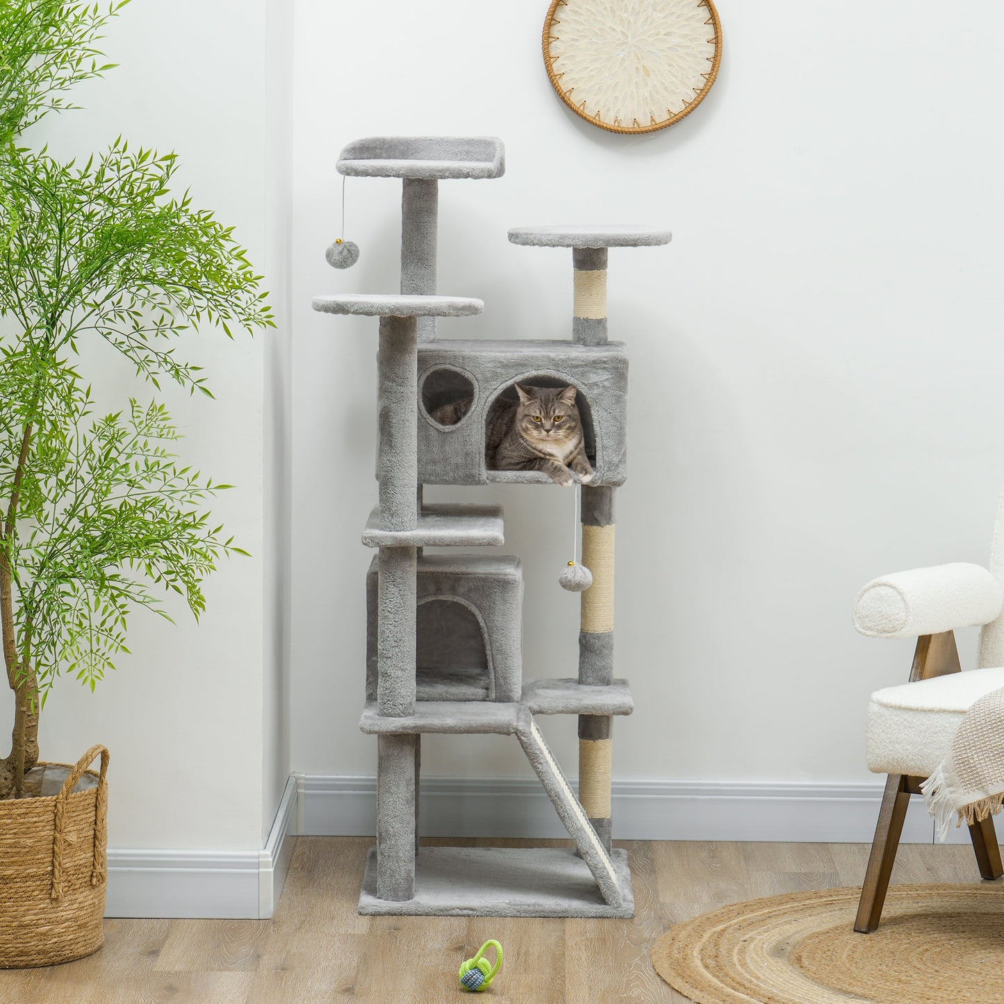 54" Cat Tree, Cat Tower for Indoor Cats with Scratching Posts, Cat Condos, Bed, Platforms, Ramp, Toy Ball, Cat Activity Center, Light Grey