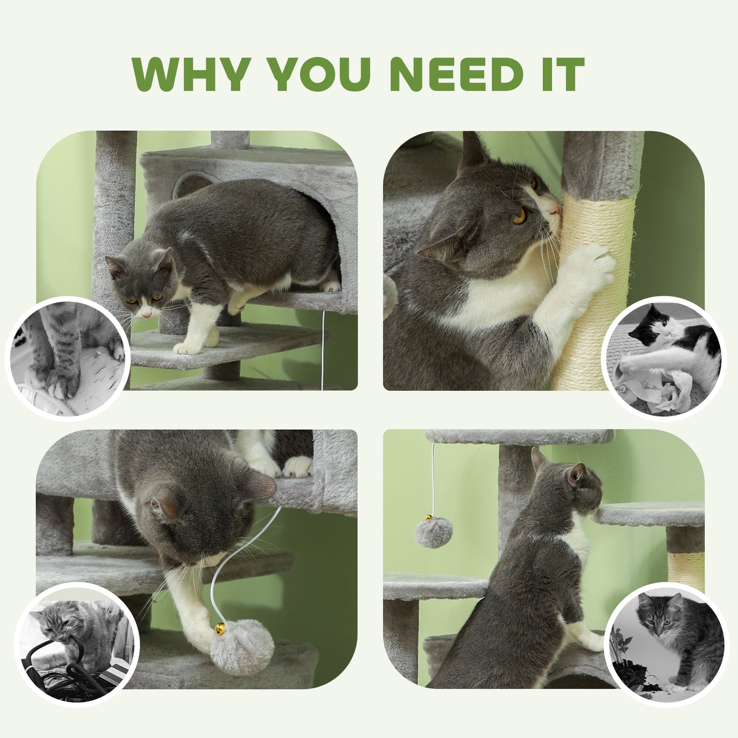 54" Cat Tree, Cat Tower for Indoor Cats with Scratching Posts, Cat Condos, Bed, Platforms, Ramp, Toy Ball, Cat Activity Center, Light Grey