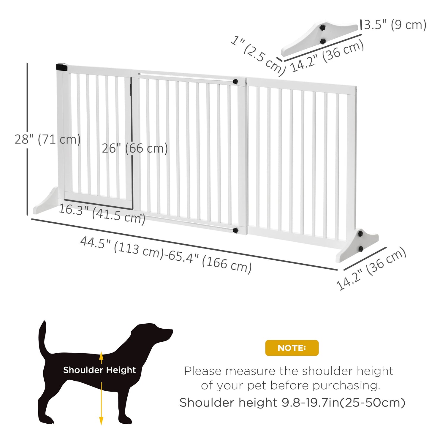 Wooden Dog Gate, Freestanding Pet Fence for Stair, Doorway, 3 Panels w/ Door, Support Feet for Small Medium Dogs, White, 44.5"- 65"L x 28"H