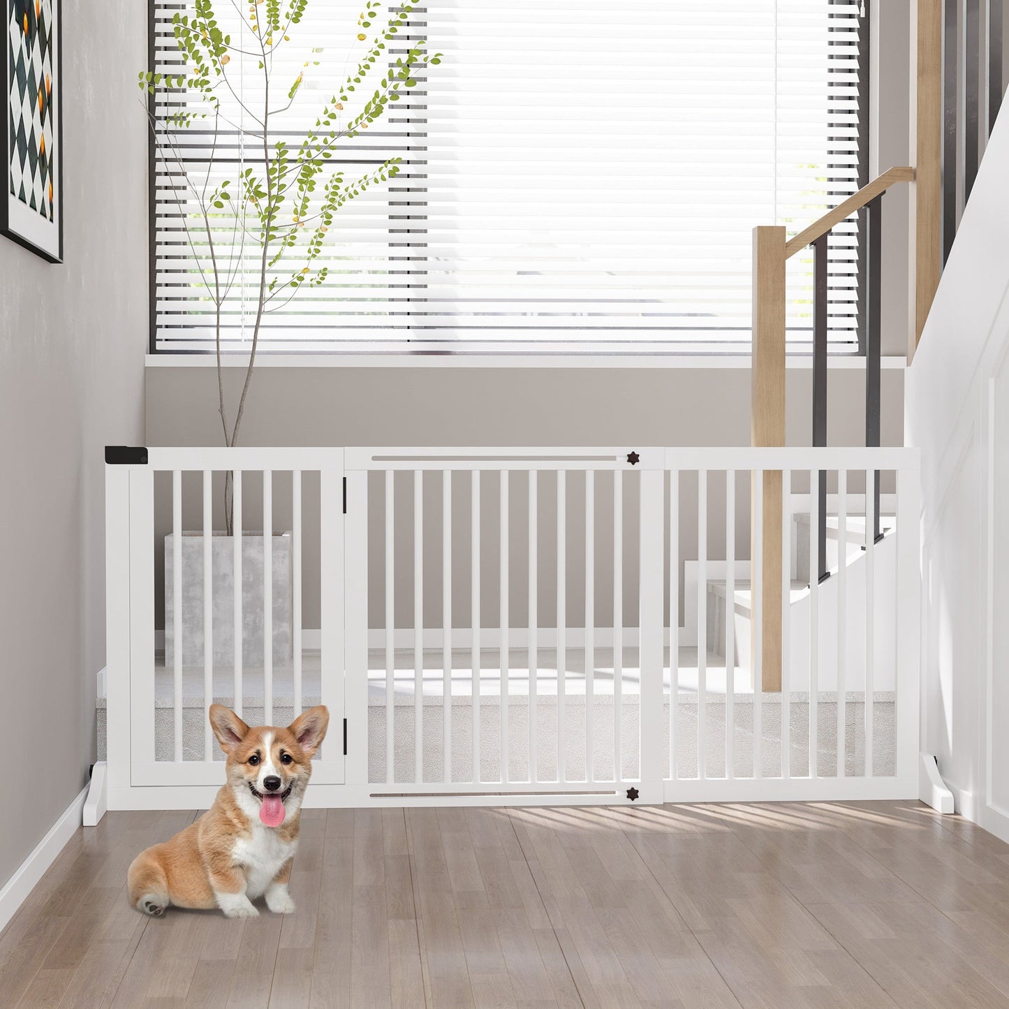 Wooden Dog Gate, Freestanding Pet Fence for Stair, Doorway, 3 Panels w/ Door, Support Feet for Small Medium Dogs, White, 44.5"- 65"L x 28"H