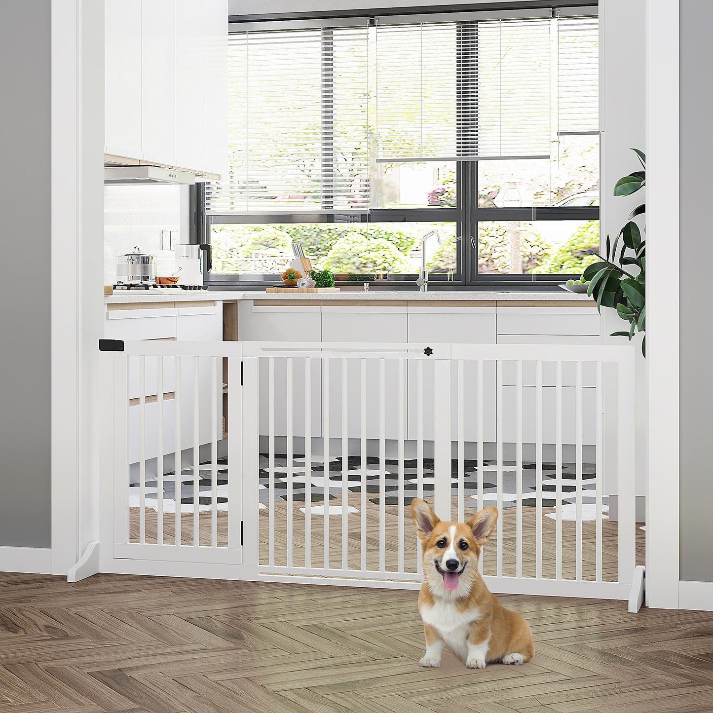 Wooden Dog Gate, Freestanding Pet Fence for Stair, Doorway, 3 Panels w/ Door, Support Feet for Small Medium Dogs, White, 44.5"- 65"L x 28"H