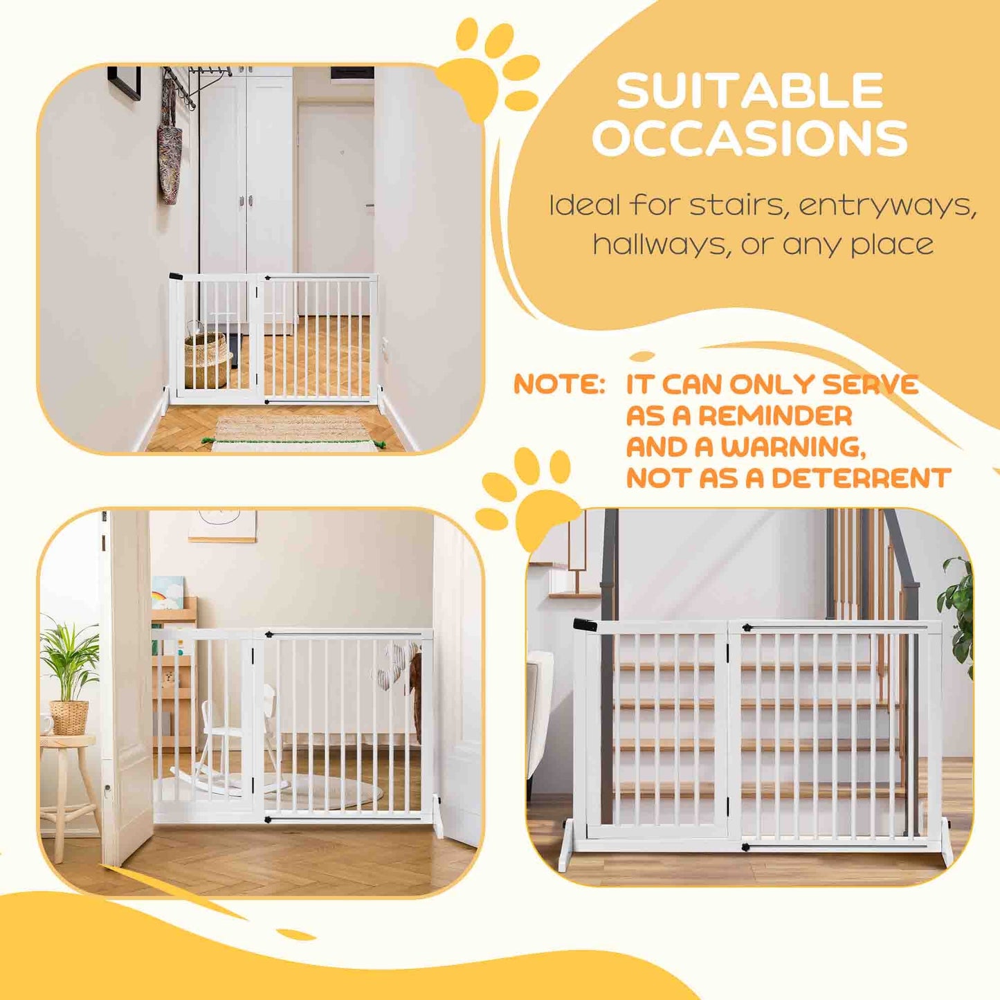 Wooden Dog Gate, Freestanding Pet Fence for Stair, Doorway, 3 Panels w/ Door, Support Feet for Small Medium Dogs, White, 44.5"- 65"L x 28"H