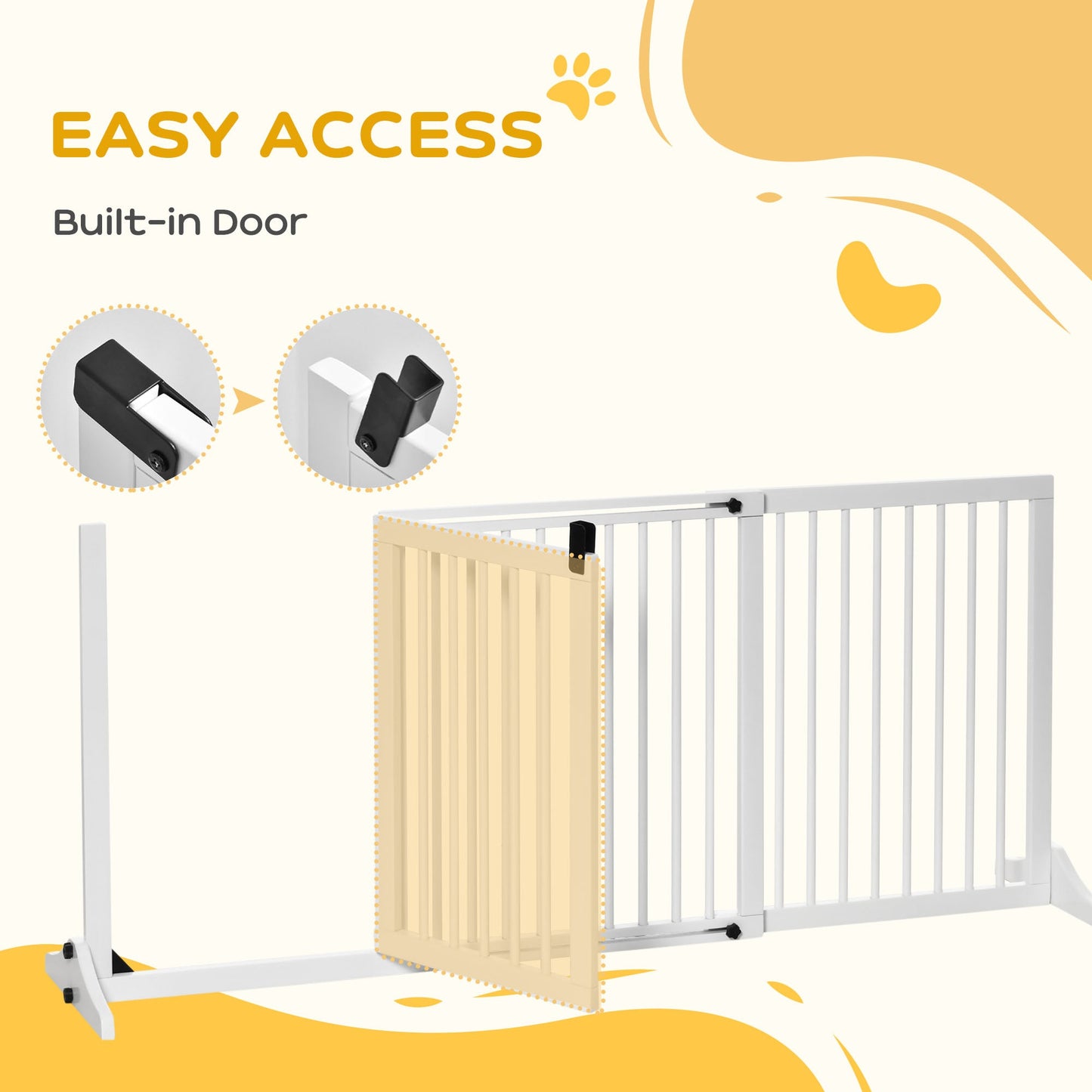 Wooden Dog Gate, Freestanding Pet Fence for Stair, Doorway, 3 Panels w/ Door, Support Feet for Small Medium Dogs, White, 44.5"- 65"L x 28"H