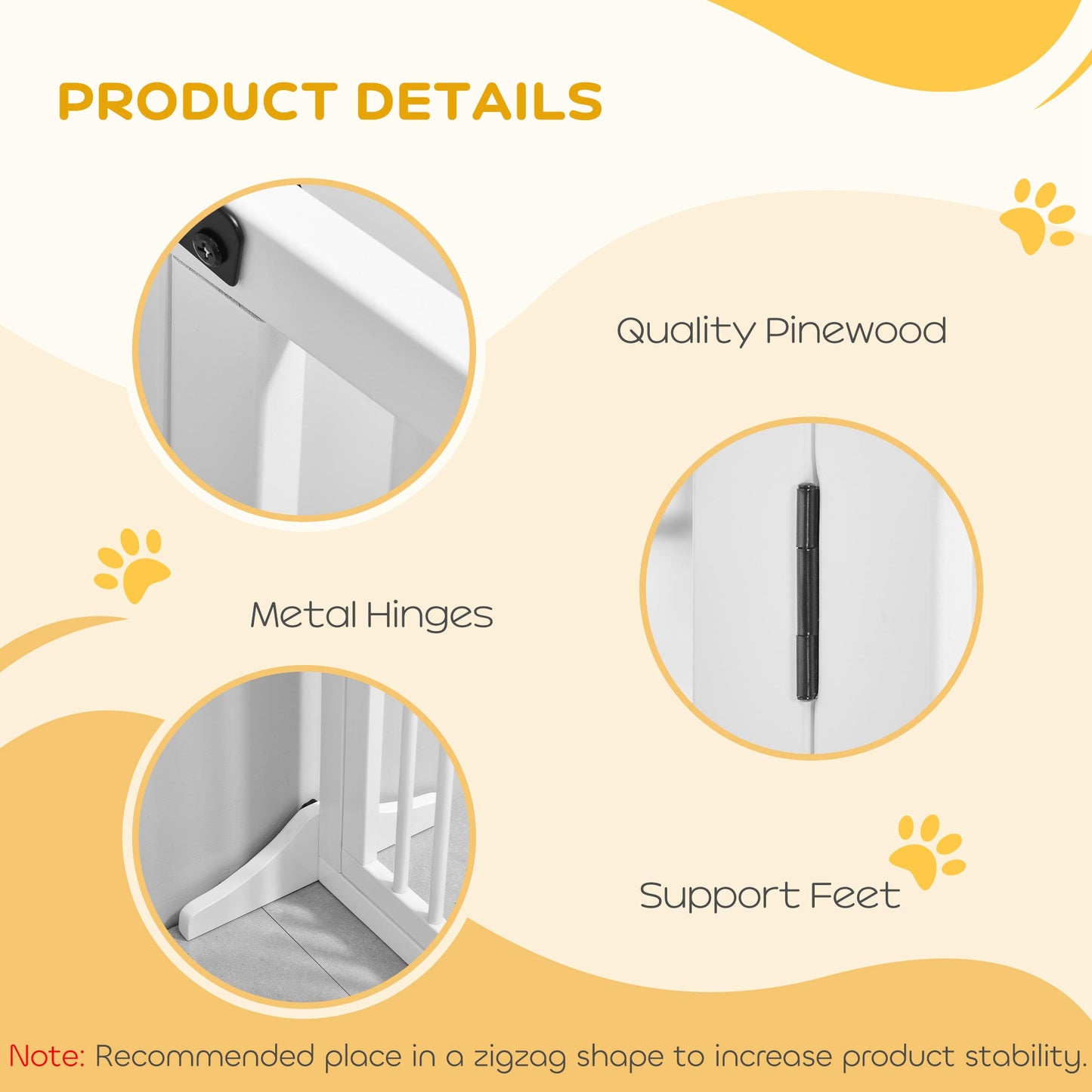 Wooden Dog Gate, Freestanding Pet Fence for Stair, Doorway, 3 Panels w/ Door, Support Feet for Small Medium Dogs, White, 44.5"- 65"L x 28"H