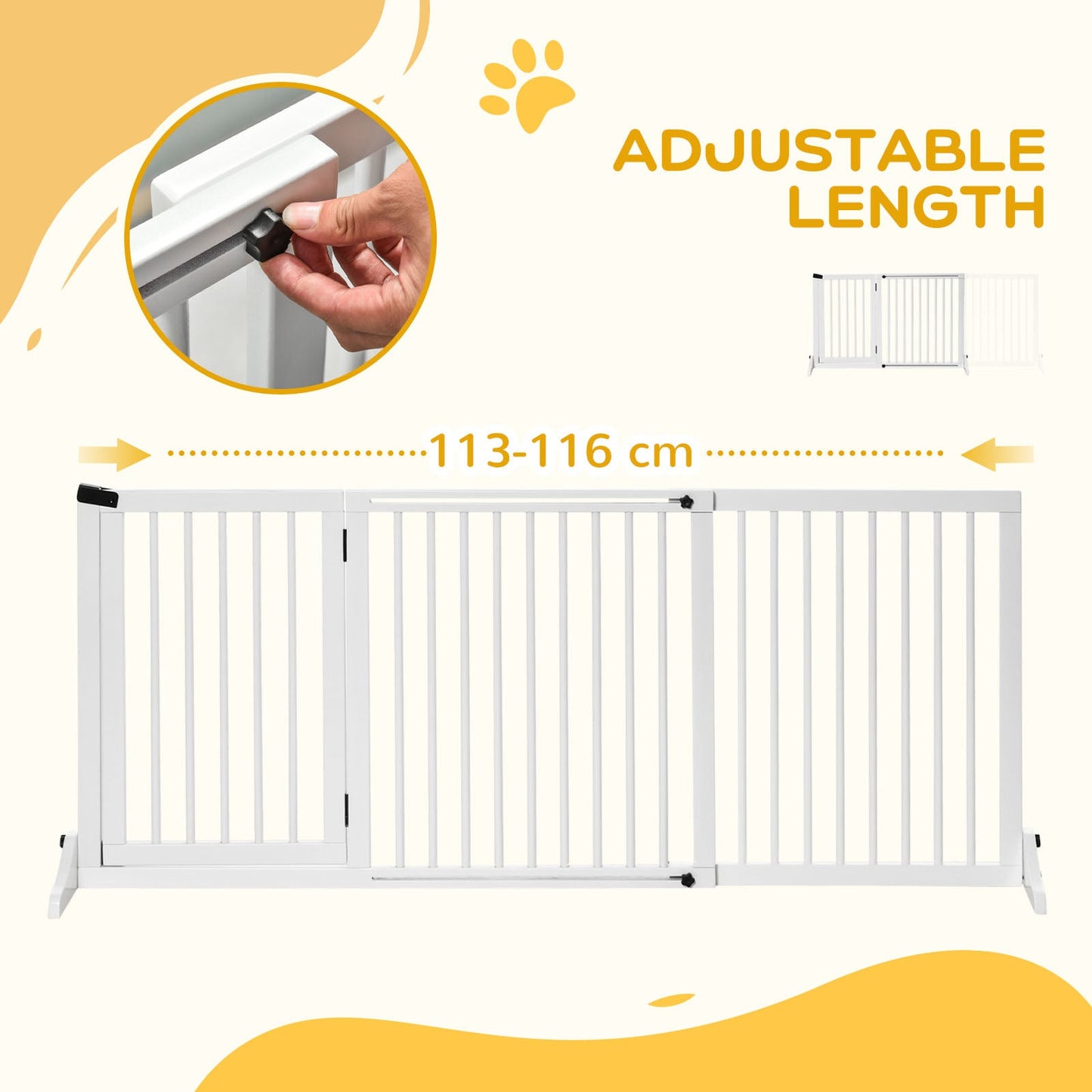 Wooden Dog Gate, Freestanding Pet Fence for Stair, Doorway, 3 Panels w/ Door, Support Feet for Small Medium Dogs, White, 44.5"- 65"L x 28"H