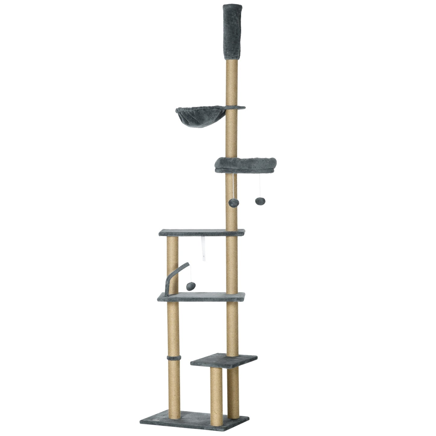 Floor to Ceiling Cat Tree, 90.5" - 98.5" Adjustable Height Cat Tower with Scratching Post, Dangling Balls, Platforms, Bed, Hammock, Grey