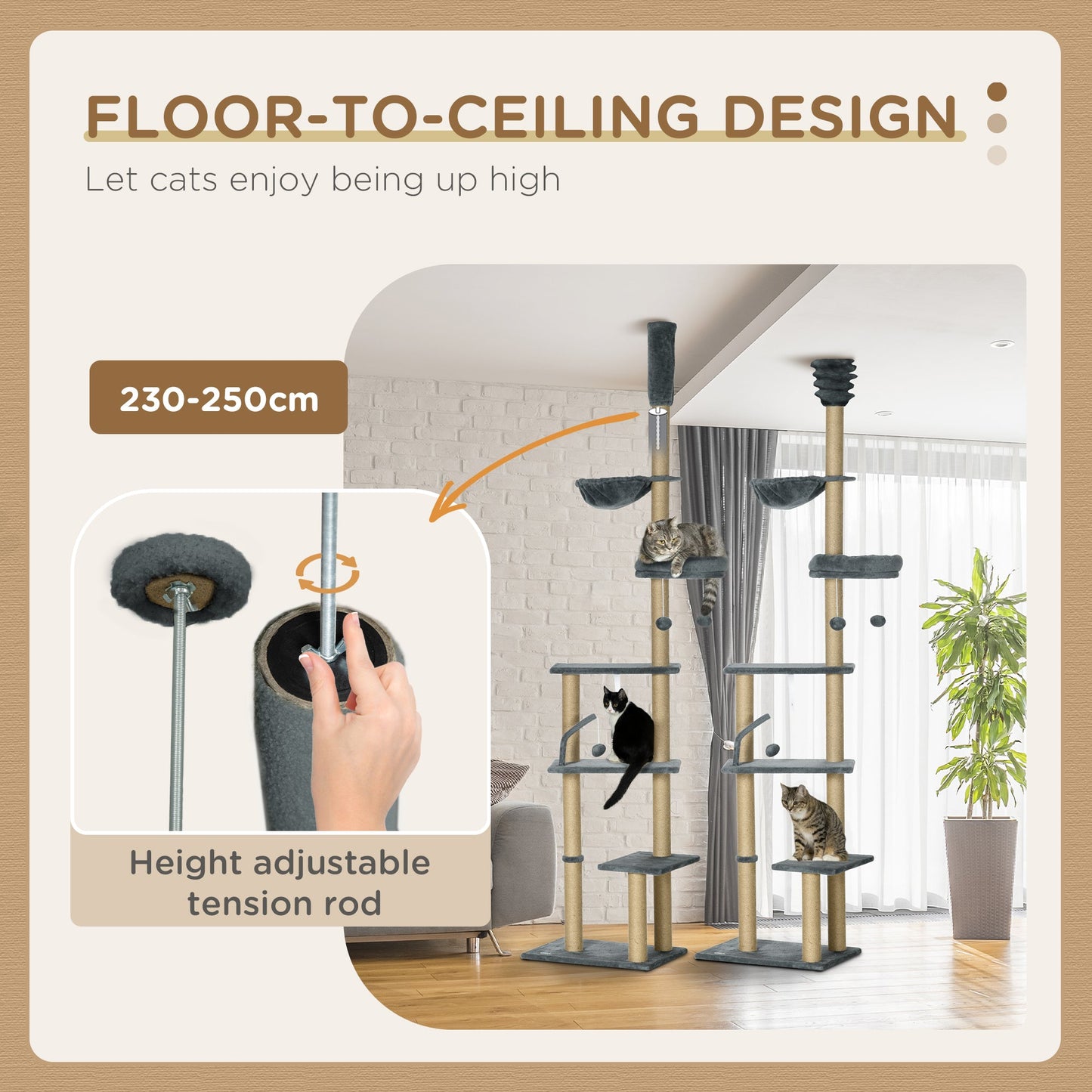 Floor to Ceiling Cat Tree, 90.5" - 98.5" Adjustable Height Cat Tower with Scratching Post, Dangling Balls, Platforms, Bed, Hammock, Grey