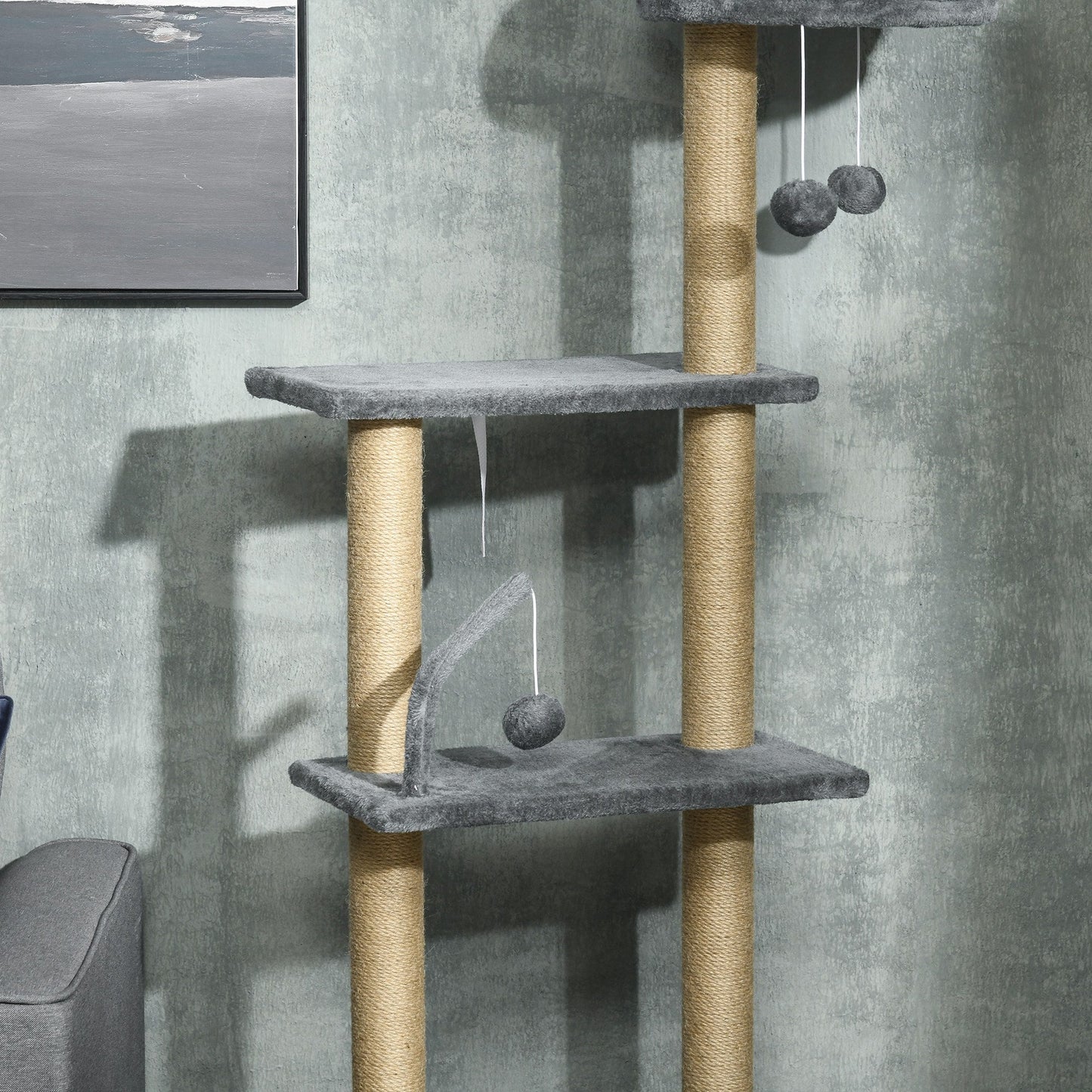Floor to Ceiling Cat Tree, 90.5" - 98.5" Adjustable Height Cat Tower with Scratching Post, Dangling Balls, Platforms, Bed, Hammock, Grey
