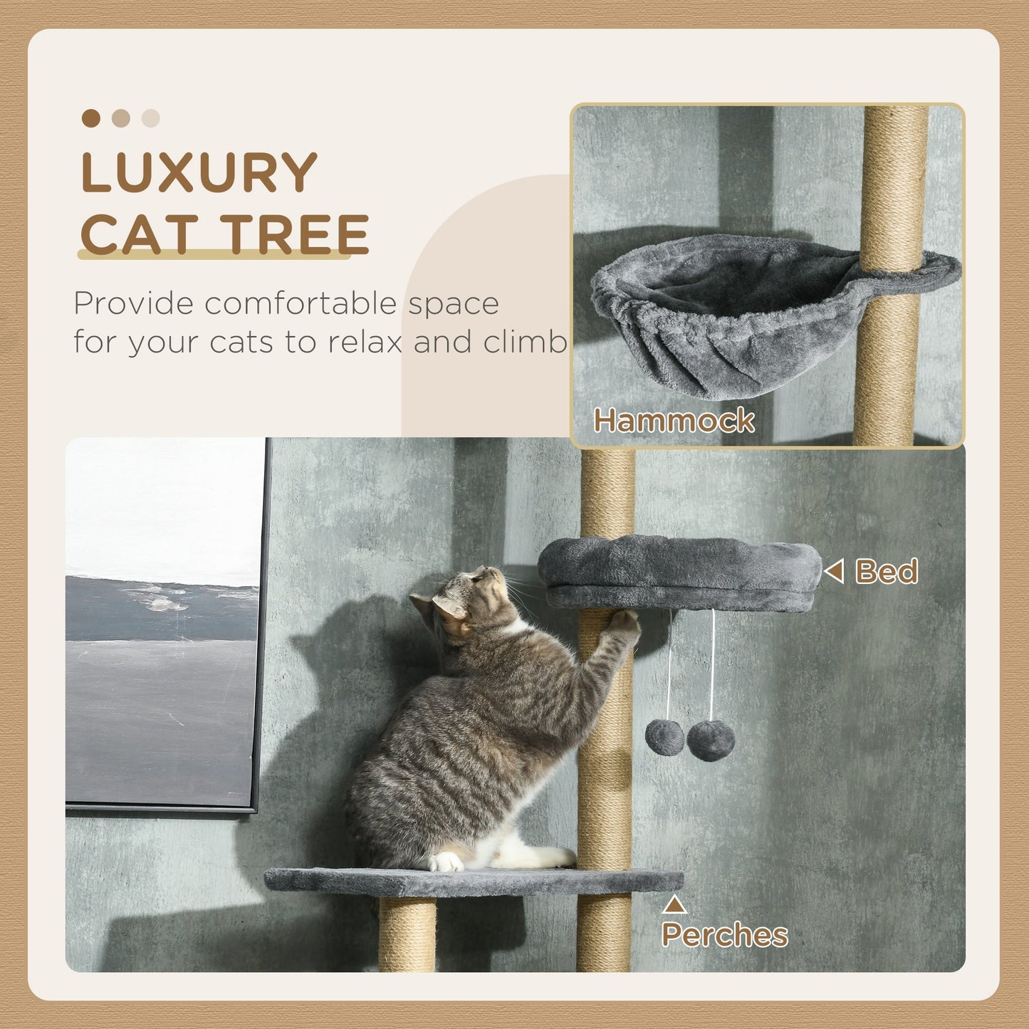 Floor to Ceiling Cat Tree, 90.5" - 98.5" Adjustable Height Cat Tower with Scratching Post, Dangling Balls, Platforms, Bed, Hammock, Grey