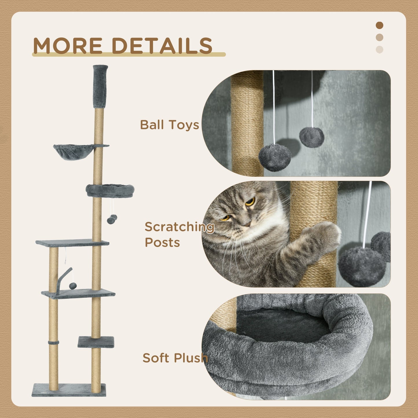 Floor to Ceiling Cat Tree, 90.5" - 98.5" Adjustable Height Cat Tower with Scratching Post, Dangling Balls, Platforms, Bed, Hammock, Grey