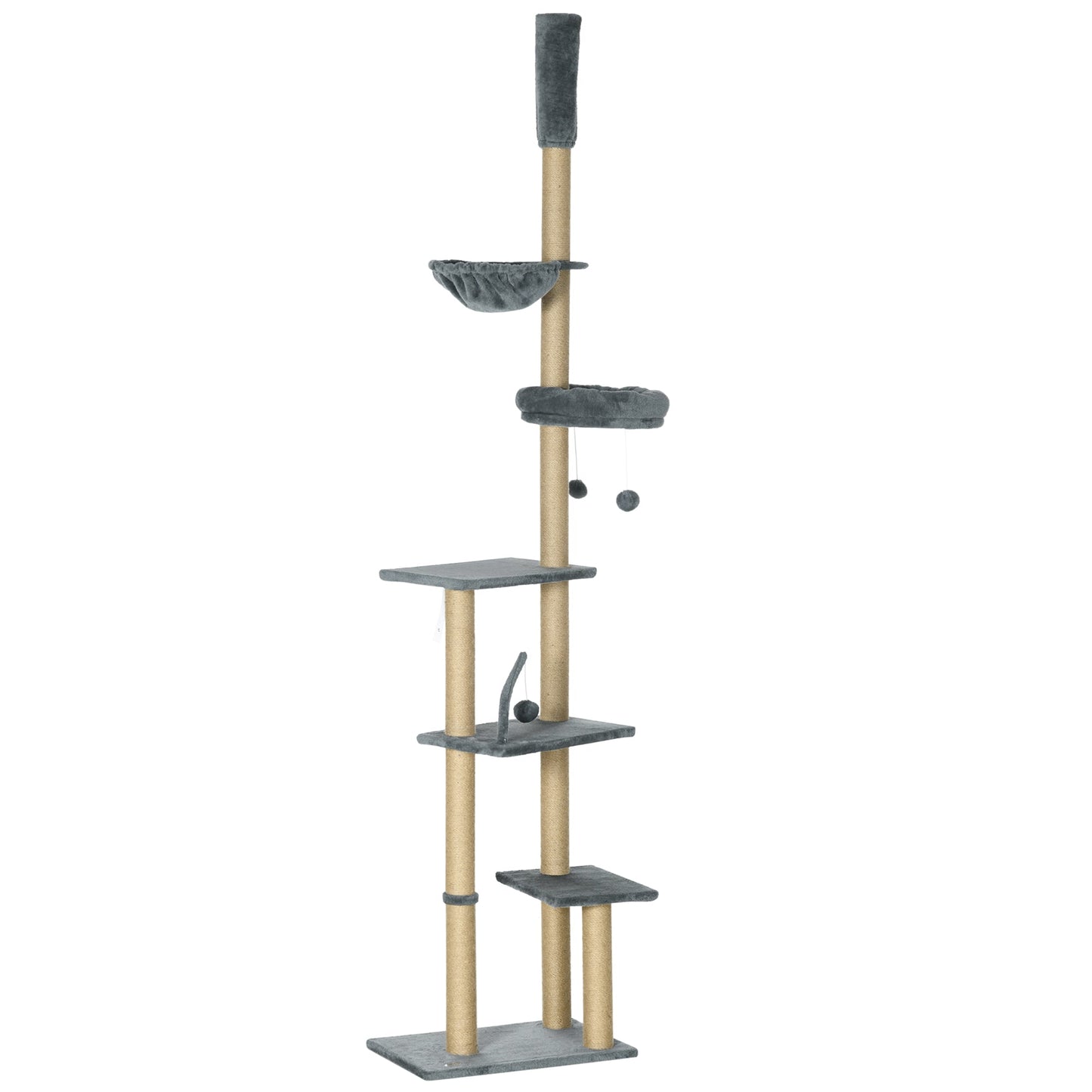 Floor to Ceiling Cat Tree, 90.5" - 98.5" Adjustable Height Cat Tower with Scratching Post, Dangling Balls, Platforms, Bed, Hammock, Grey
