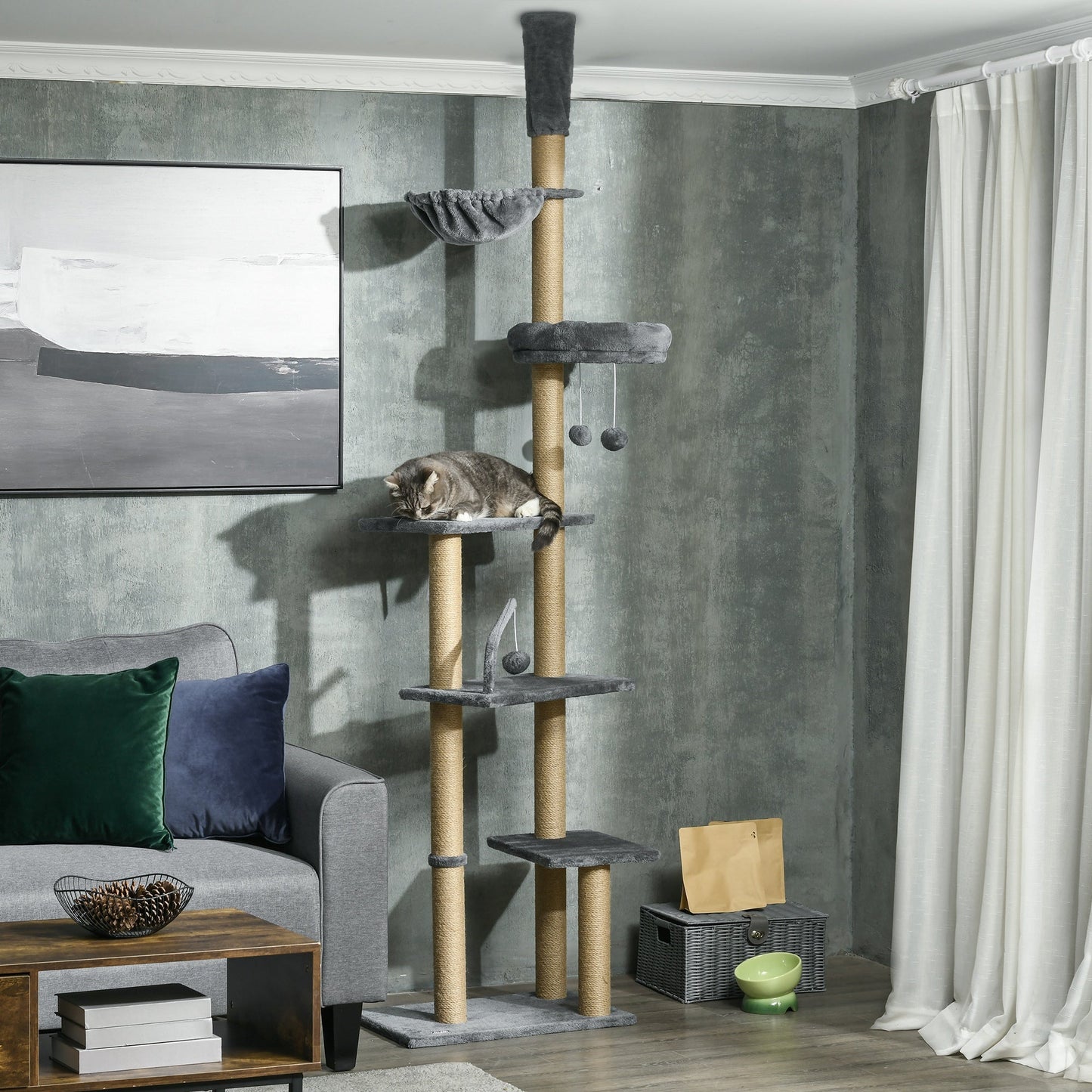 Floor to Ceiling Cat Tree, 90.5" - 98.5" Adjustable Height Cat Tower with Scratching Post, Dangling Balls, Platforms, Bed, Hammock, Grey