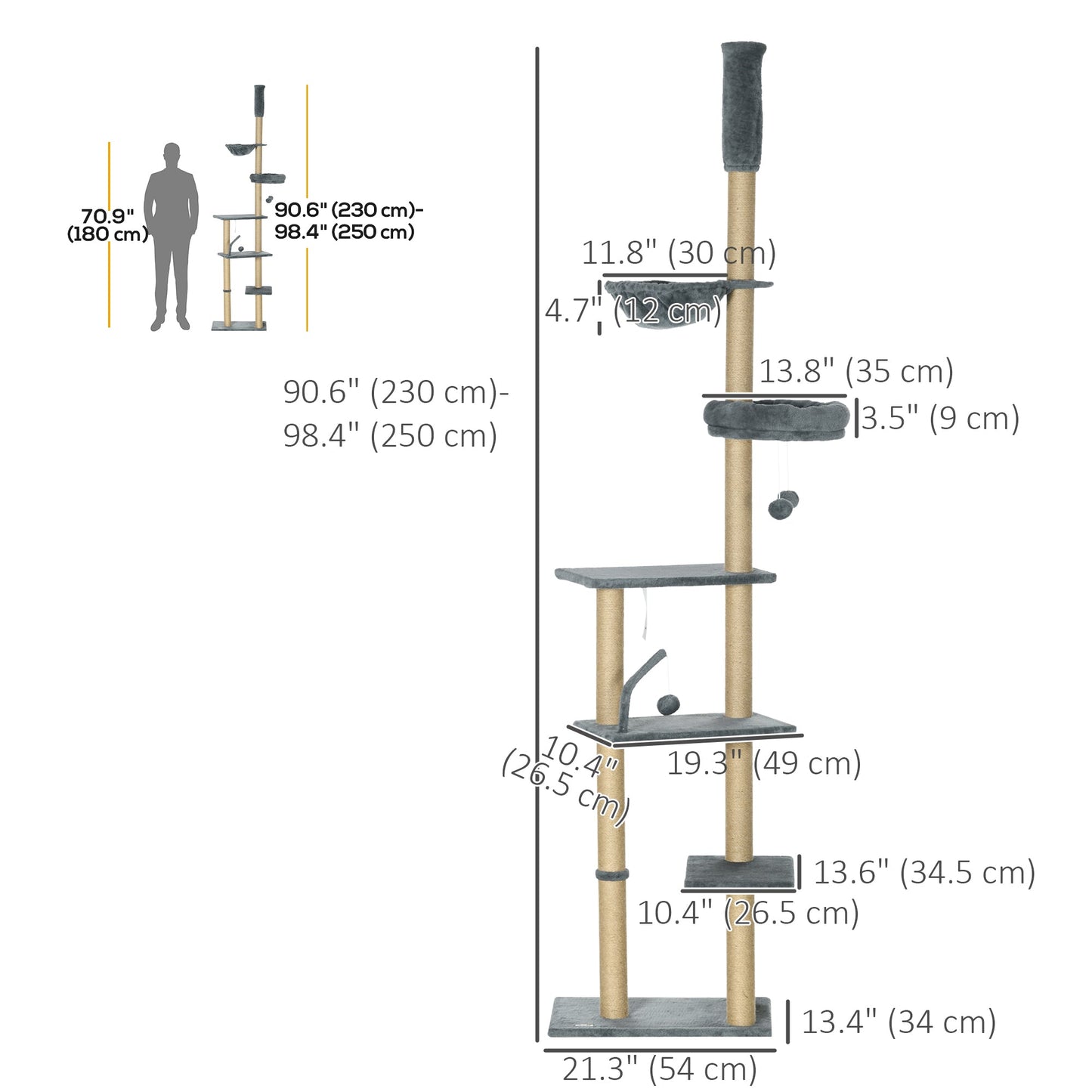 Floor to Ceiling Cat Tree, 90.5" - 98.5" Adjustable Height Cat Tower with Scratching Post, Dangling Balls, Platforms, Bed, Hammock, Grey