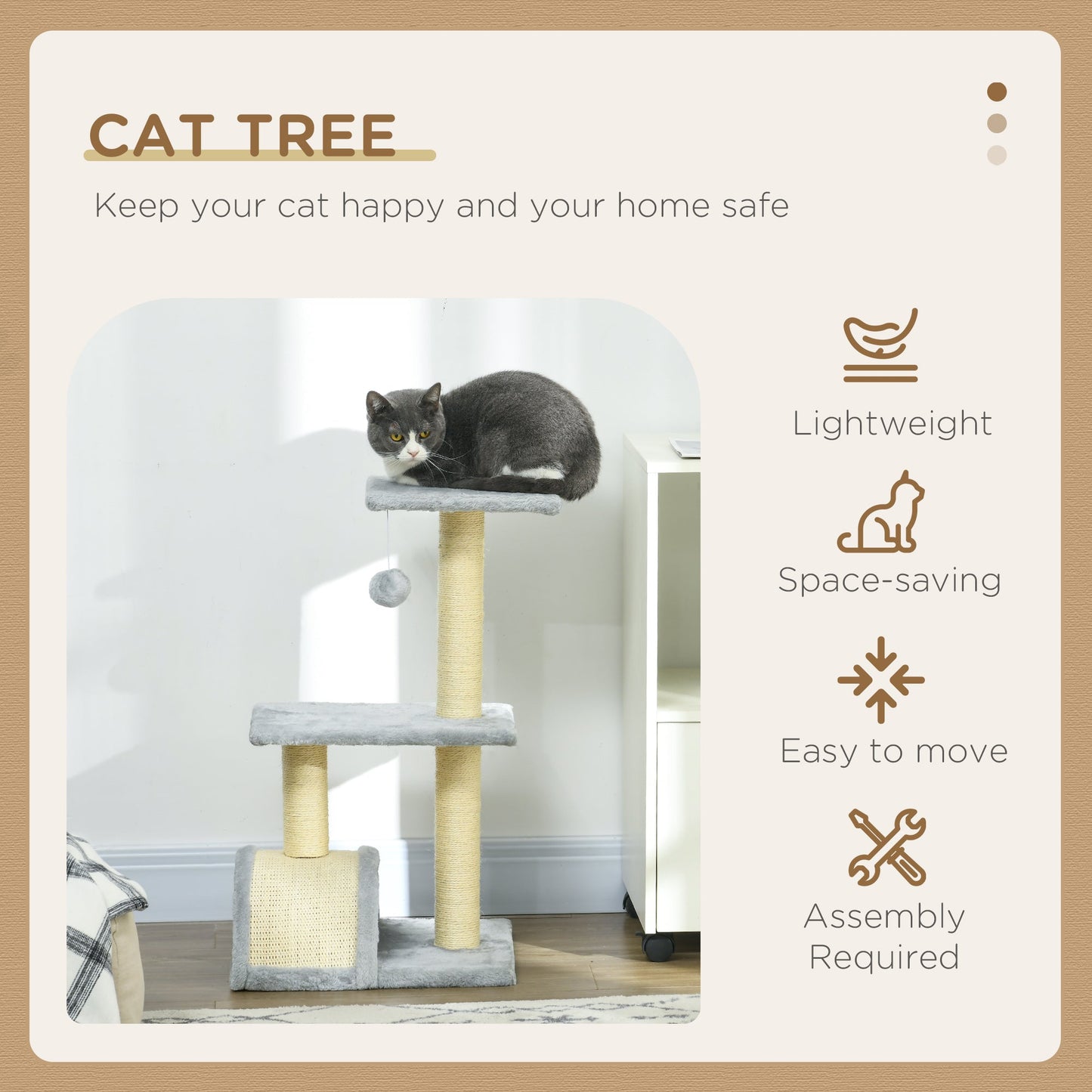 Cat Tree Tower for Indoor Cats, 28 Inches Climbing Activity Center w/ Sisal Scratching Post, Pad, Arc Perch, Hanging Ball, Toy, Light Grey and Cream White
