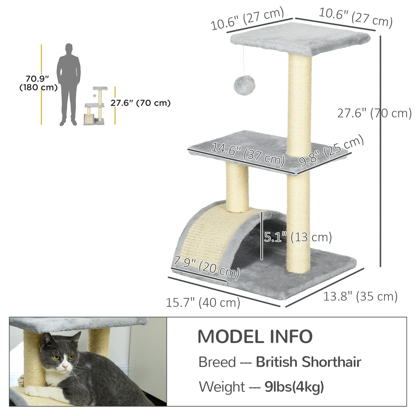 Cat Tree Tower for Indoor Cats, 28 Inches Climbing Activity Center w/ Sisal Scratching Post, Pad, Arc Perch, Hanging Ball, Toy, Light Grey and Cream White
