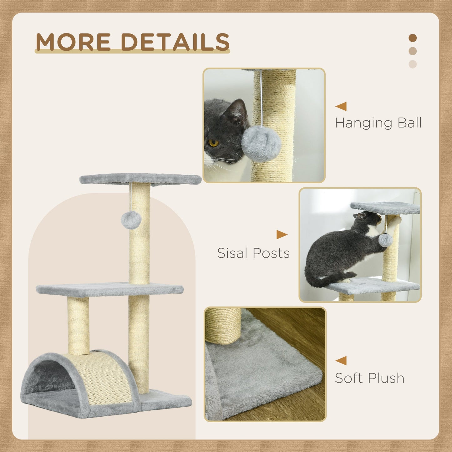Cat Tree Tower for Indoor Cats, 28 Inches Climbing Activity Center w/ Sisal Scratching Post, Pad, Arc Perch, Hanging Ball, Toy, Light Grey and Cream White