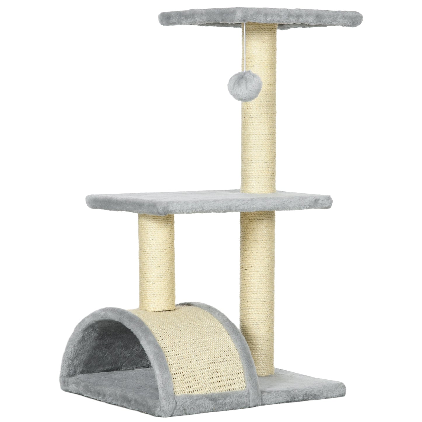 Cat Tree Tower for Indoor Cats, 28 Inches Climbing Activity Center w/ Sisal Scratching Post, Pad, Arc Perch, Hanging Ball, Toy, Light Grey and Cream White
