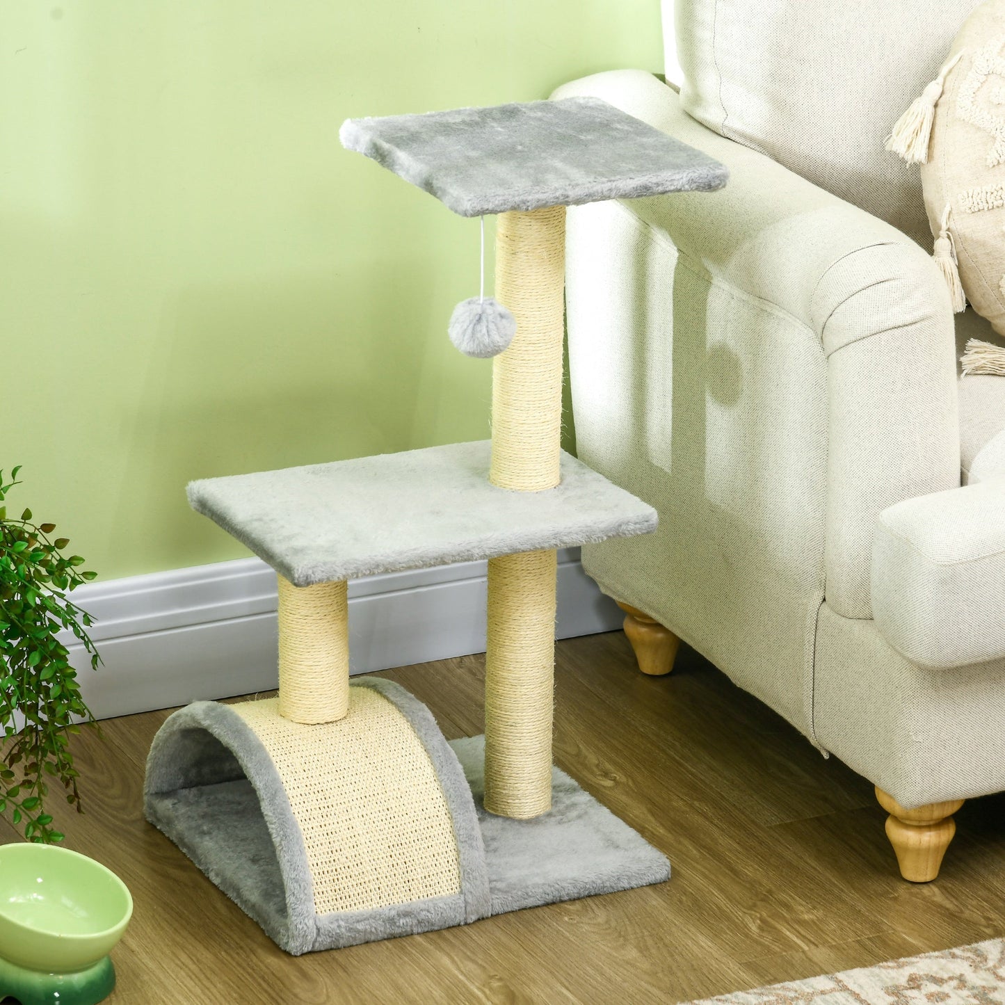 Cat Tree Tower for Indoor Cats, 28 Inches Climbing Activity Center w/ Sisal Scratching Post, Pad, Arc Perch, Hanging Ball, Toy, Light Grey and Cream White