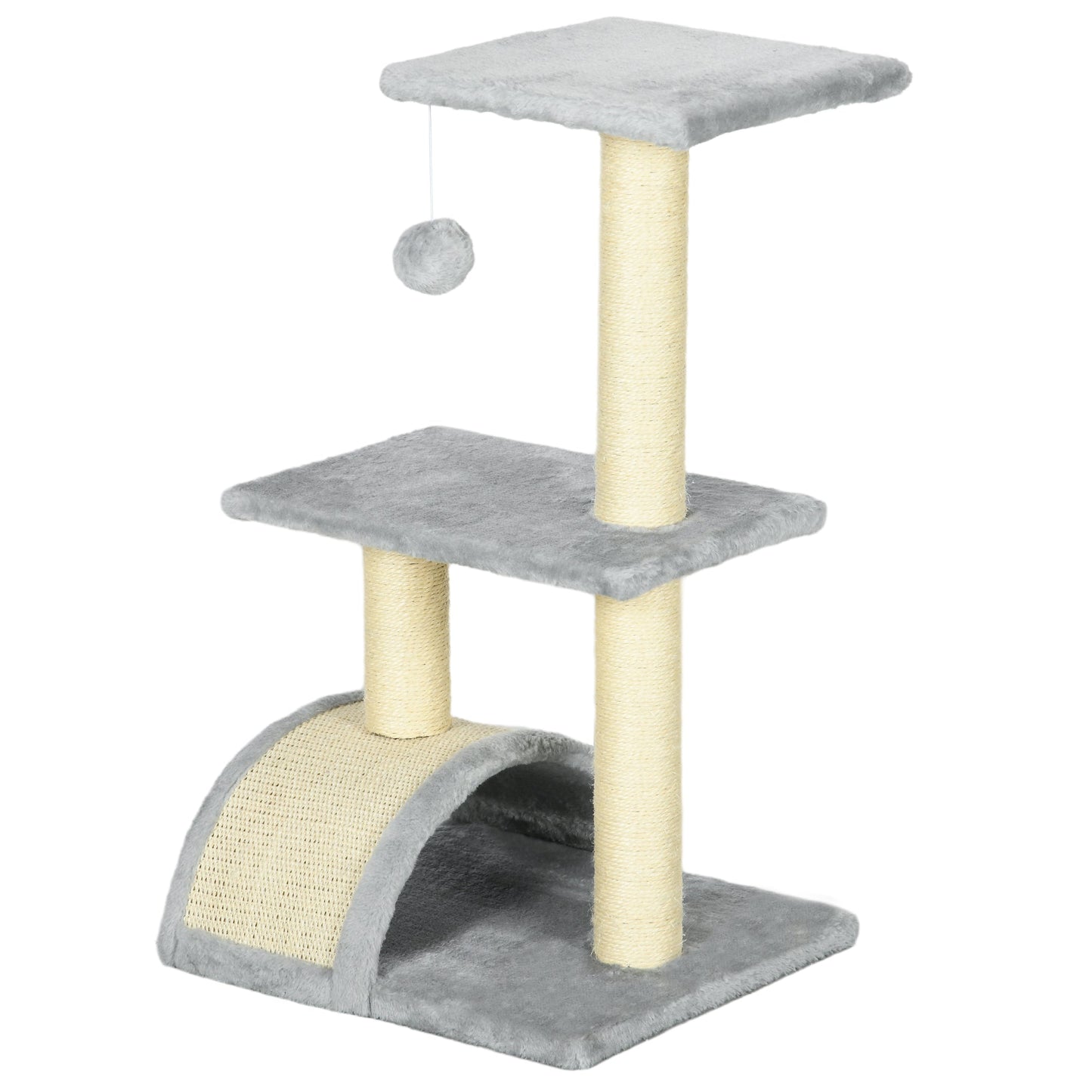 Cat Tree Tower for Indoor Cats, 28 Inches Climbing Activity Center w/ Sisal Scratching Post, Pad, Arc Perch, Hanging Ball, Toy, Light Grey and Cream White