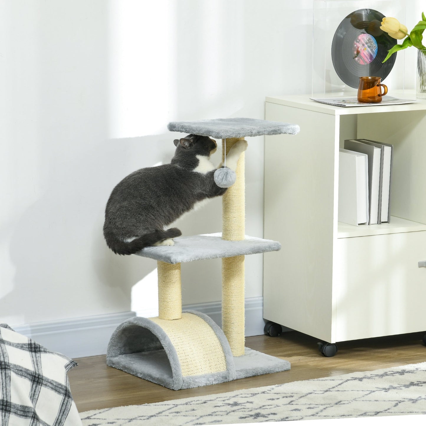 Cat Tree Tower for Indoor Cats, 28 Inches Climbing Activity Center w/ Sisal Scratching Post, Pad, Arc Perch, Hanging Ball, Toy, Light Grey and Cream White