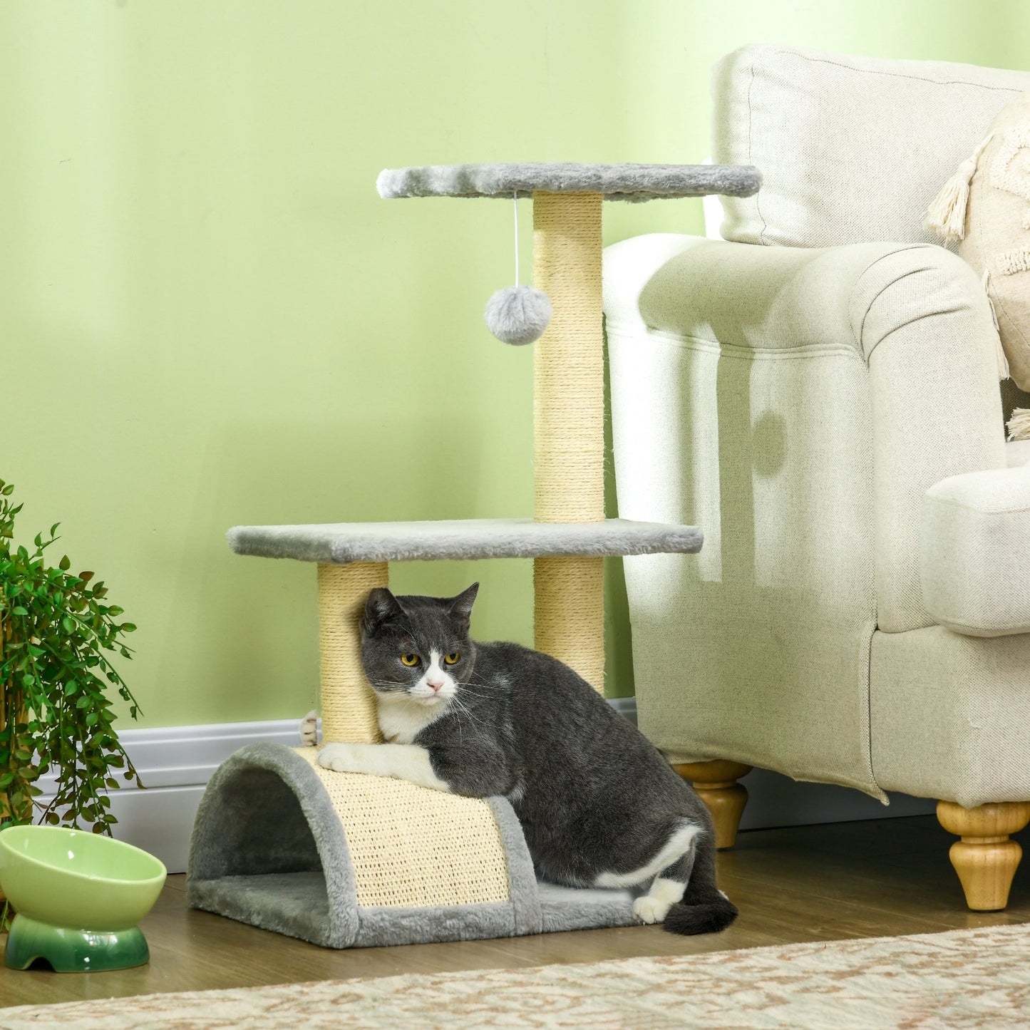 Cat Tree Tower for Indoor Cats, 28 Inches Climbing Activity Center w/ Sisal Scratching Post, Pad, Arc Perch, Hanging Ball, Toy, Light Grey and Cream White