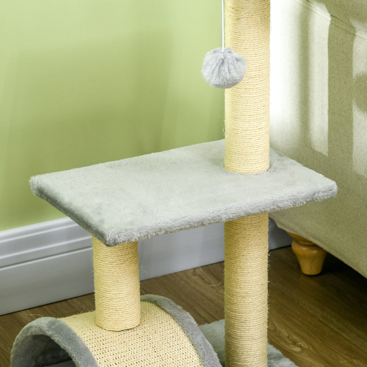 Cat Tree Tower for Indoor Cats, 28 Inches Climbing Activity Center w/ Sisal Scratching Post, Pad, Arc Perch, Hanging Ball, Toy, Light Grey and Cream White